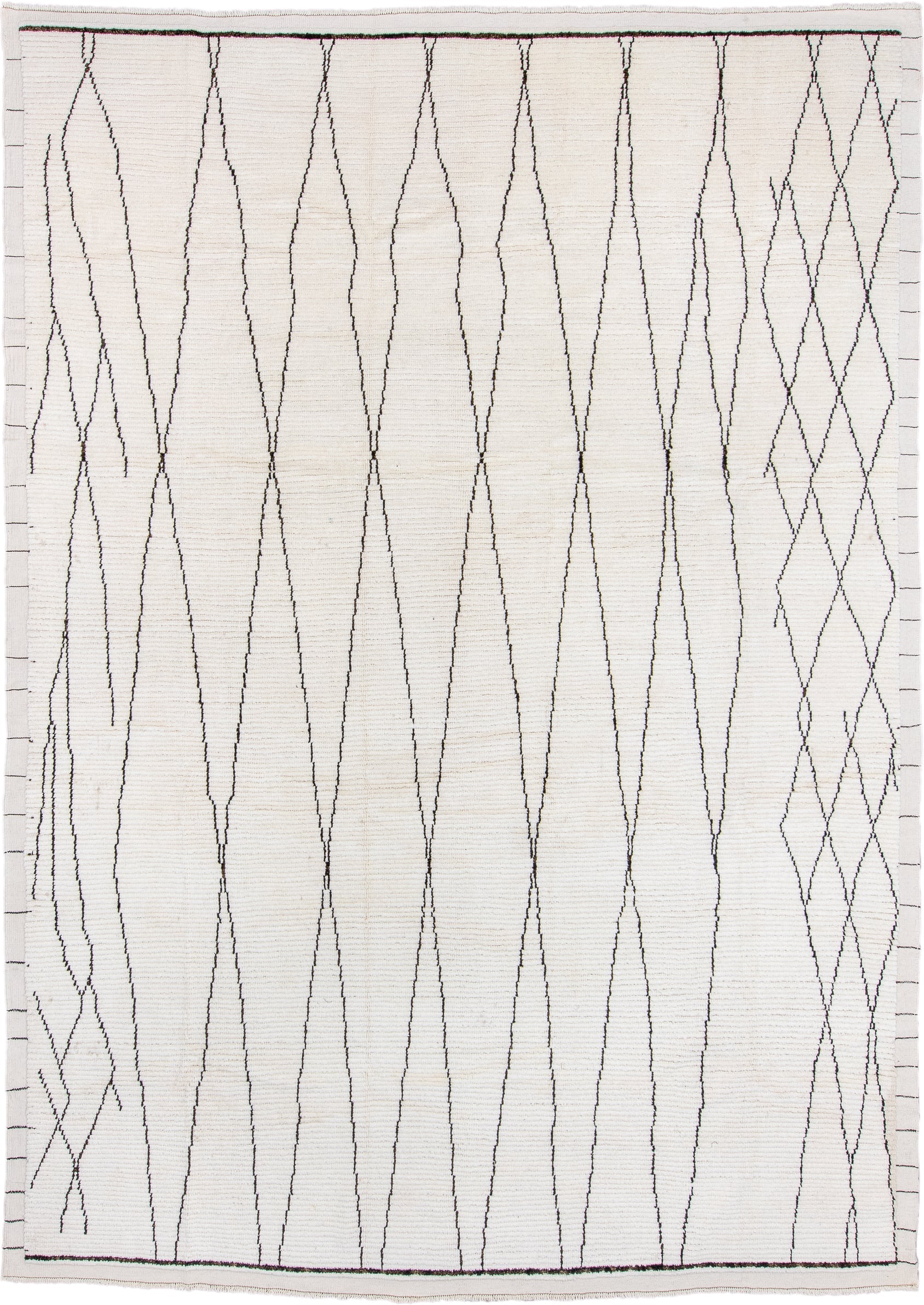 9' x 13' one-of-a-kind handmade vintage Tulu large size rug. Color palette: ivory, charcoal, gray, black