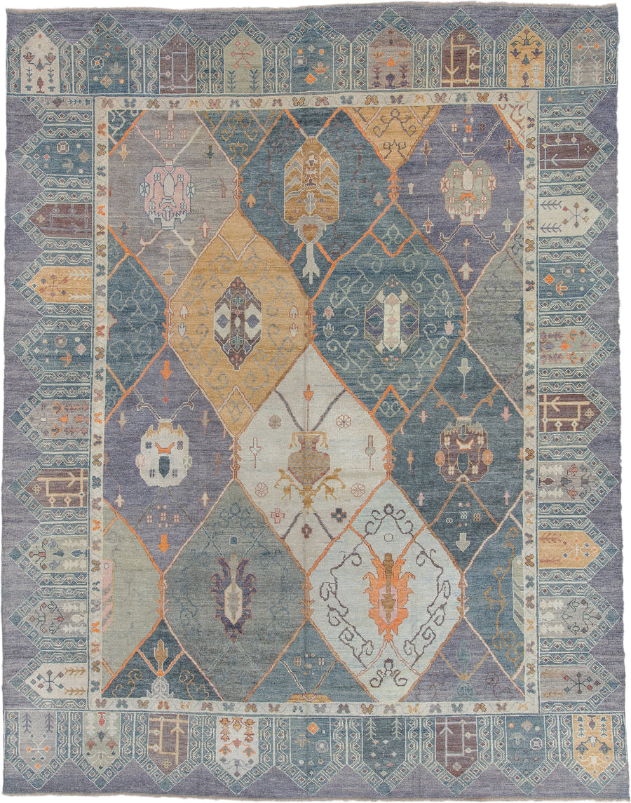 11' x 15' one-of-a-kind handmade vintage Oushak oversize rug. Color palette: blue, ivory, slate, gold, taupe, terra cotta
