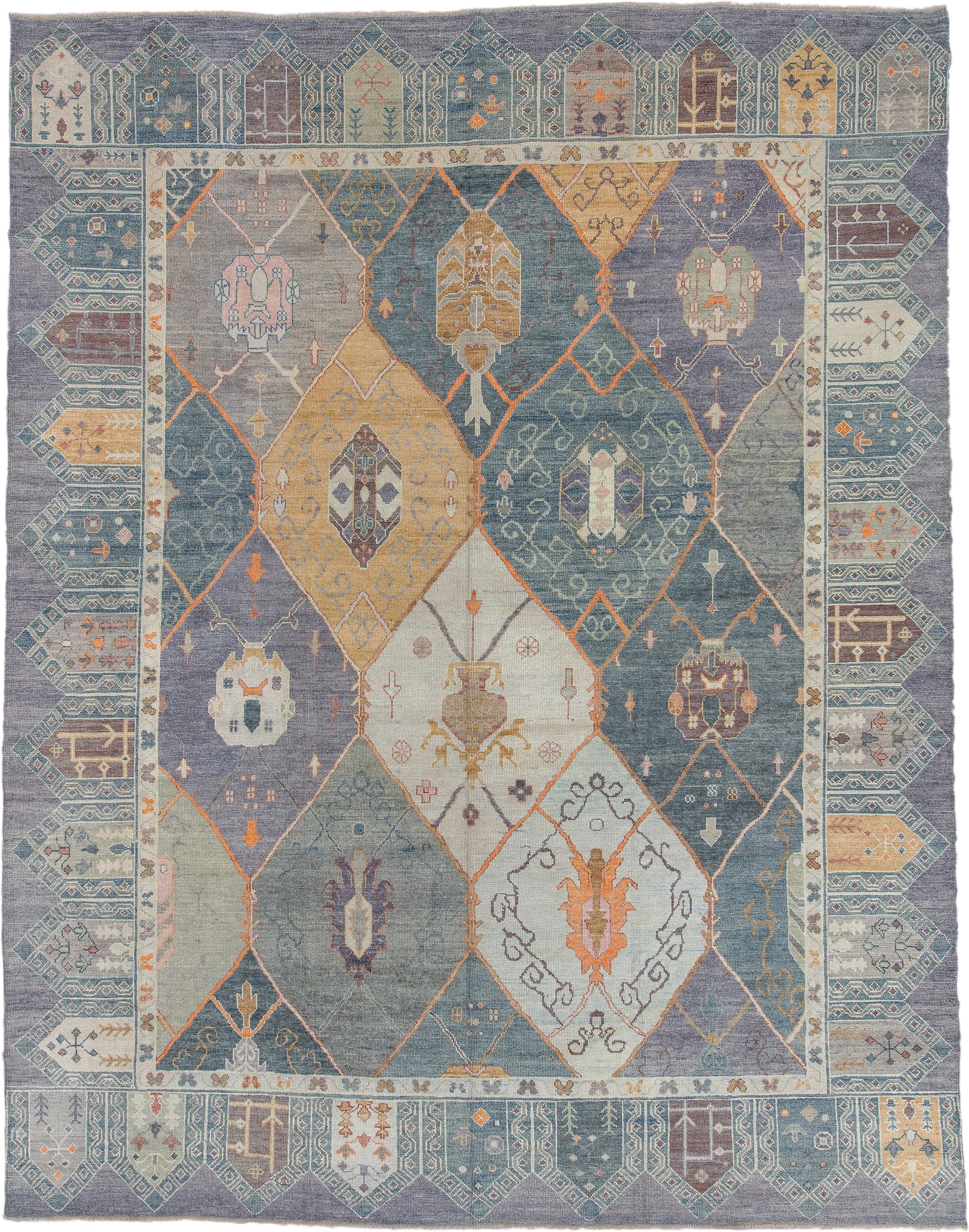 11' x 15' one-of-a-kind handmade vintage Oushak oversize rug. Color palette: blue, ivory, slate, gold, taupe, terra cotta