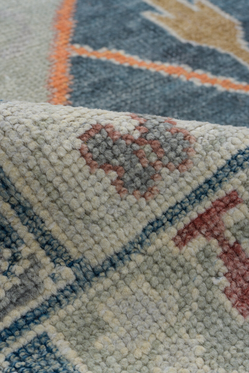 11' x 15' one-of-a-kind handmade vintage Oushak oversize rug. Color palette: blue, ivory, slate, gold, taupe, terra cotta