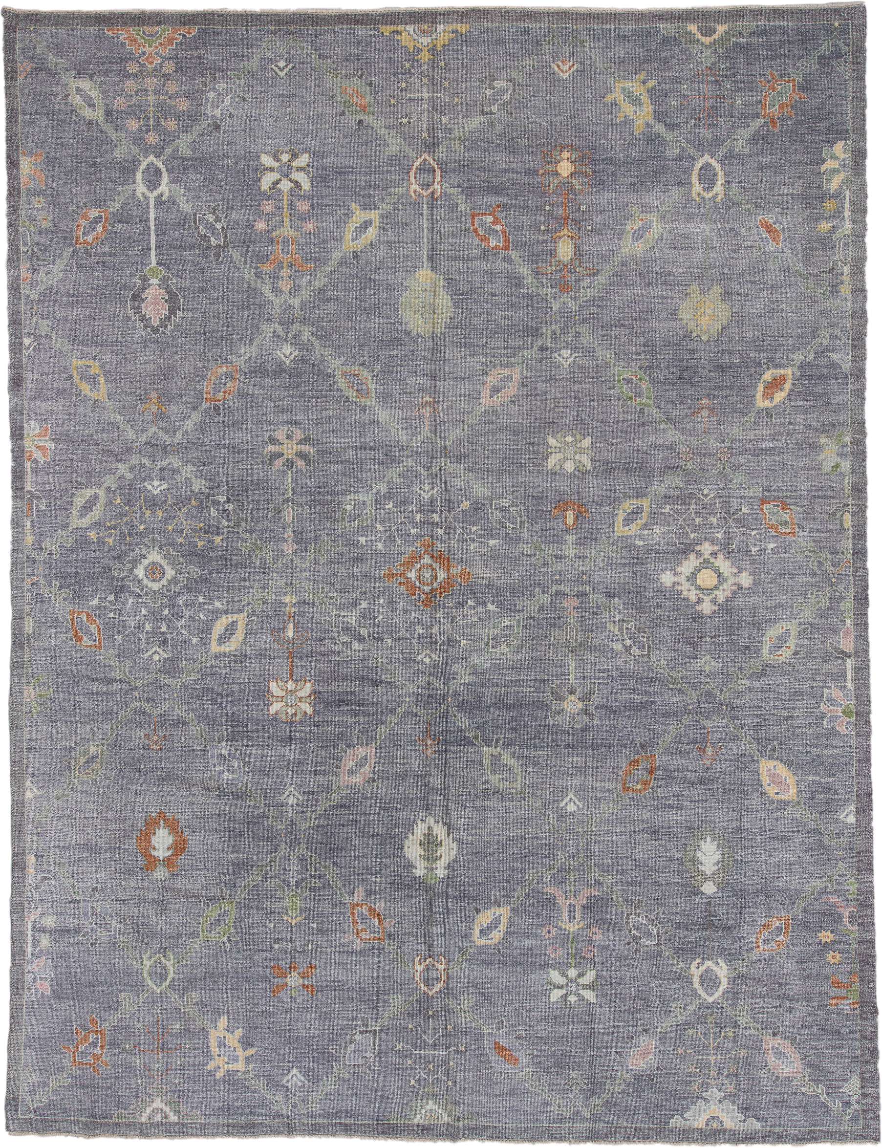 11' x 15' one-of-a-kind handmade vintage Oushak oversize rug. Color palette: gray, sage, ivory, rust, gold, peach, taupe