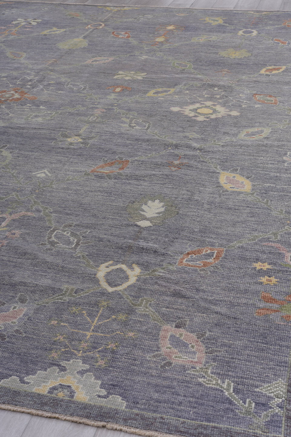 11' x 15' one-of-a-kind handmade vintage Oushak oversize rug. Color palette: black, blue, brown, dark gray, dim gray, gray