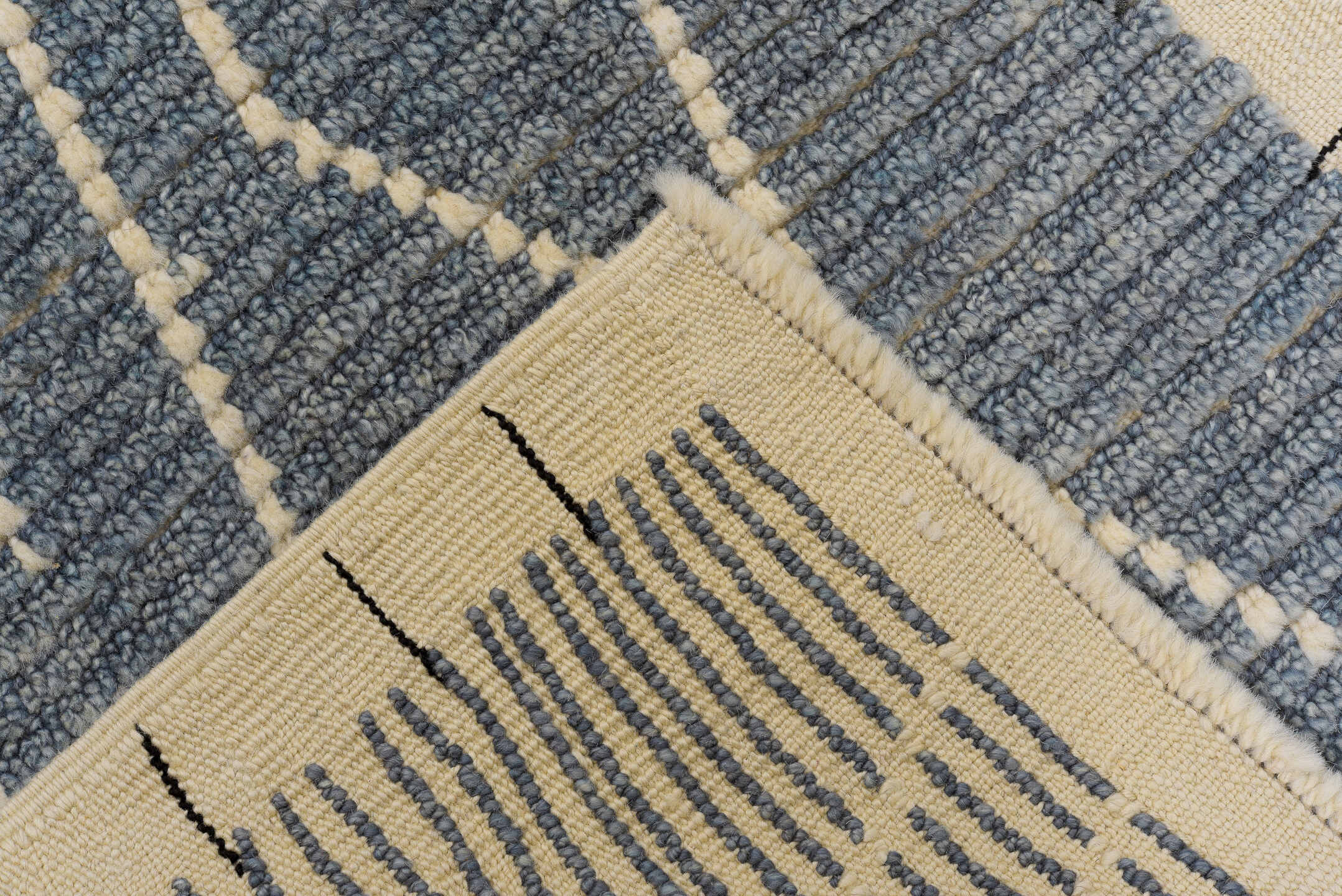 2' x 6' one-of-a-kind handmade vintage Tulu runner rug. Color palette: blue, gray, light gray, off-white