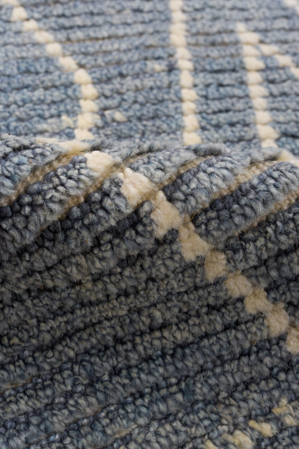 2' x 6' one-of-a-kind handmade vintage Tulu runner rug. Color palette: blue, gray, light gray, off-white