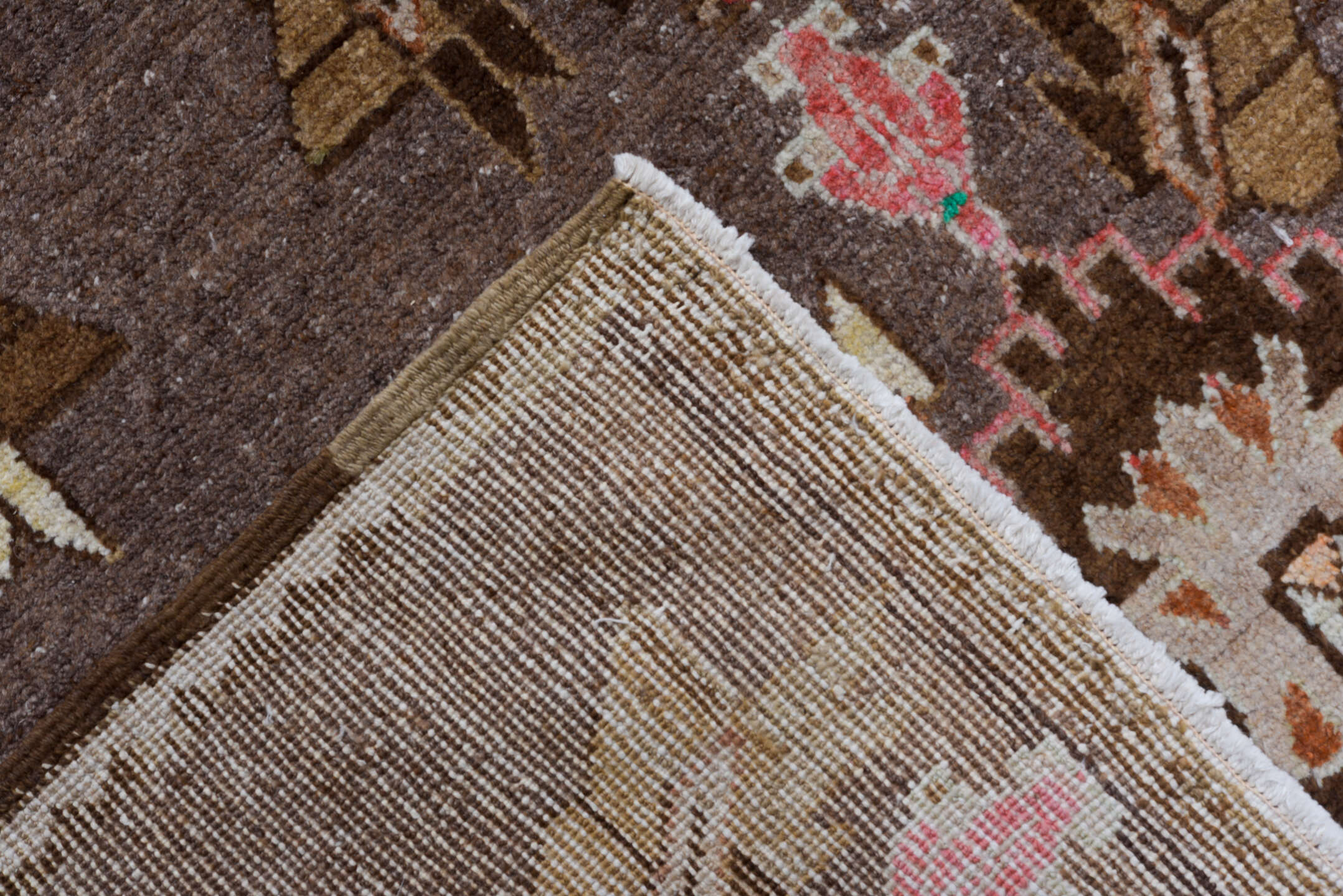 10' x 12' one-of-a-kind handmade vintage Sparta large size rug. Color palette: brown, gray, light gray, off-white, pink, red