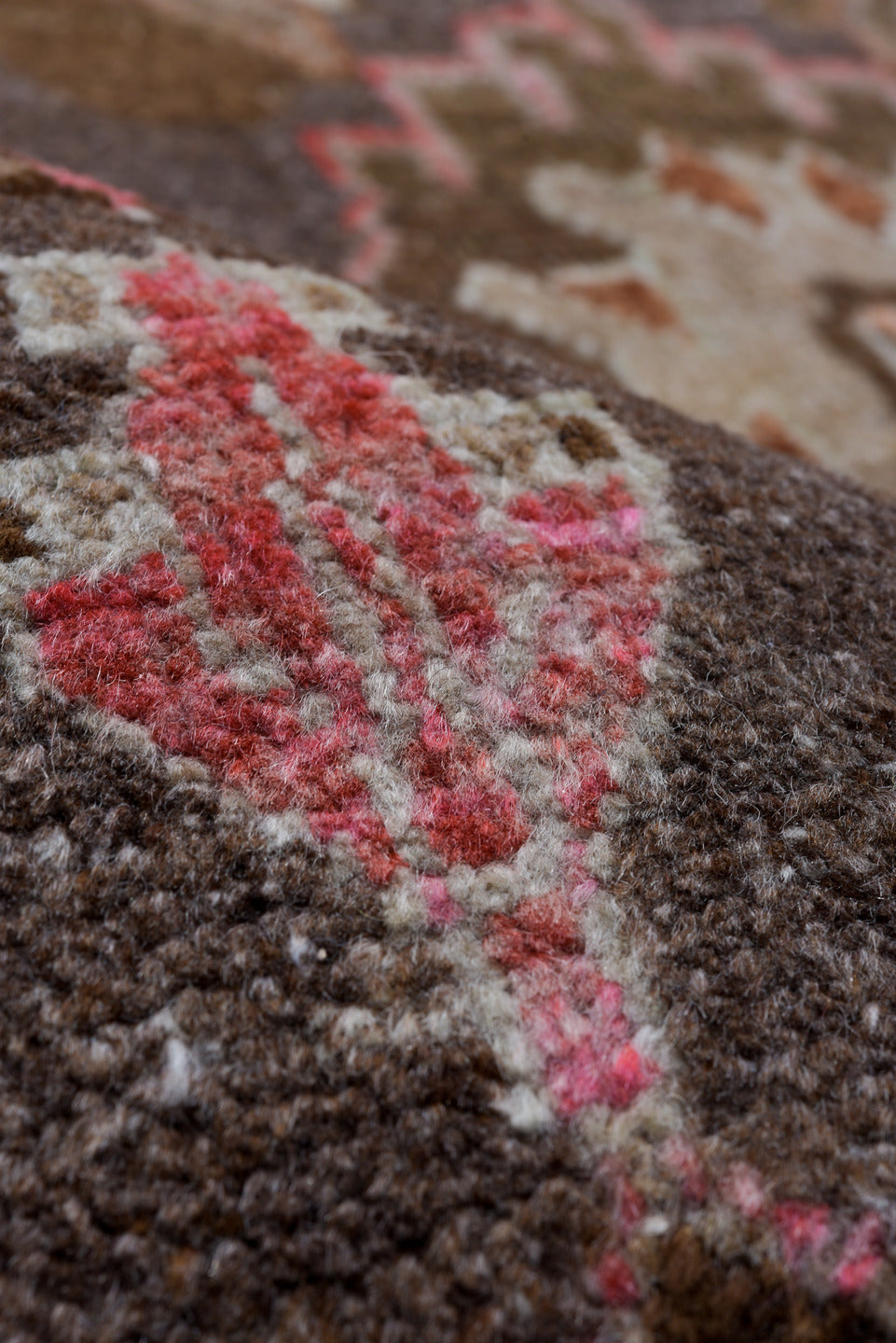 10' x 12' one-of-a-kind handmade vintage Sparta large size rug. Color palette: brown, gray, light gray, off-white, pink, red