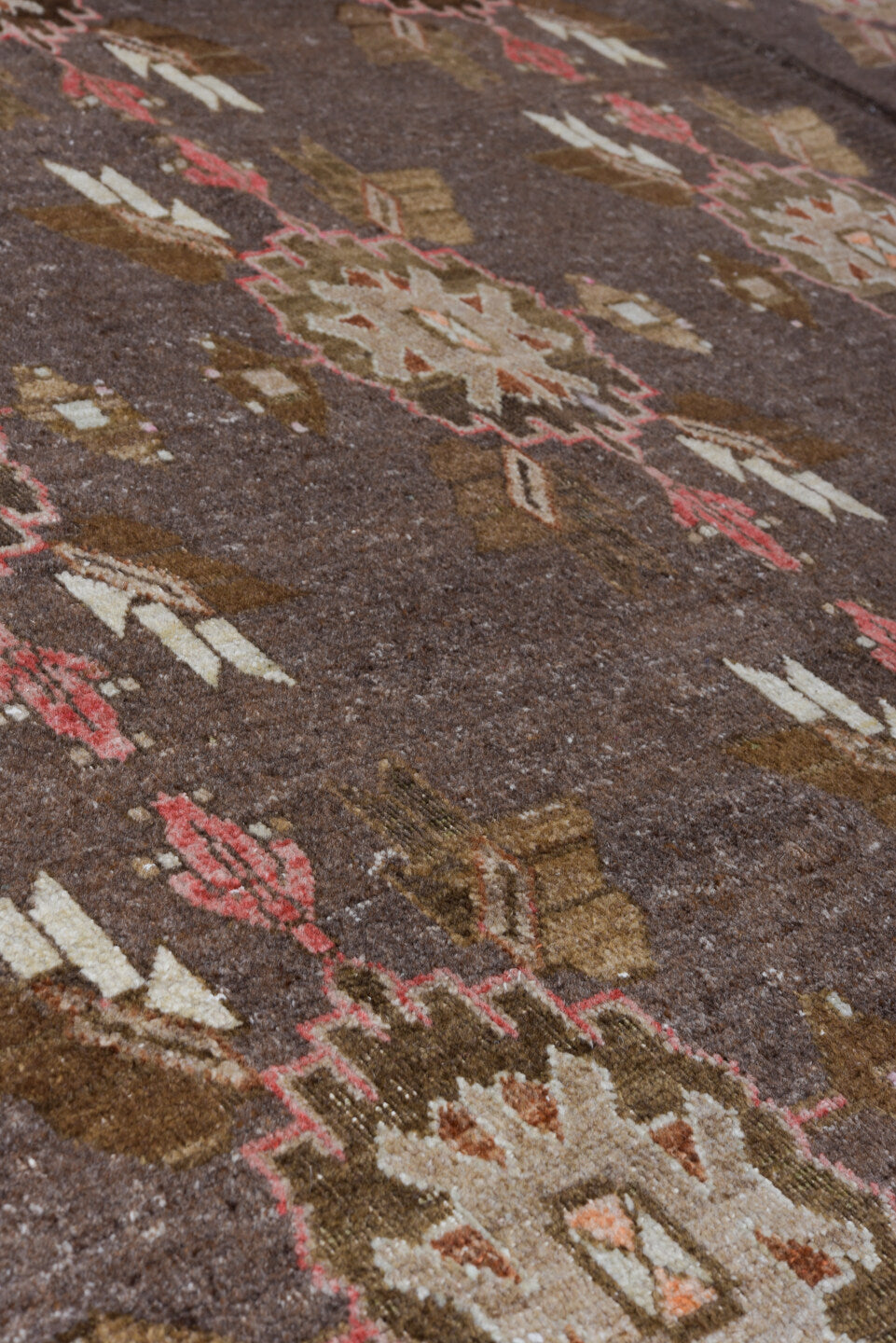 10' x 12' one-of-a-kind handmade vintage Sparta large size rug. Color palette: brown, gray, light gray, off-white, pink, red