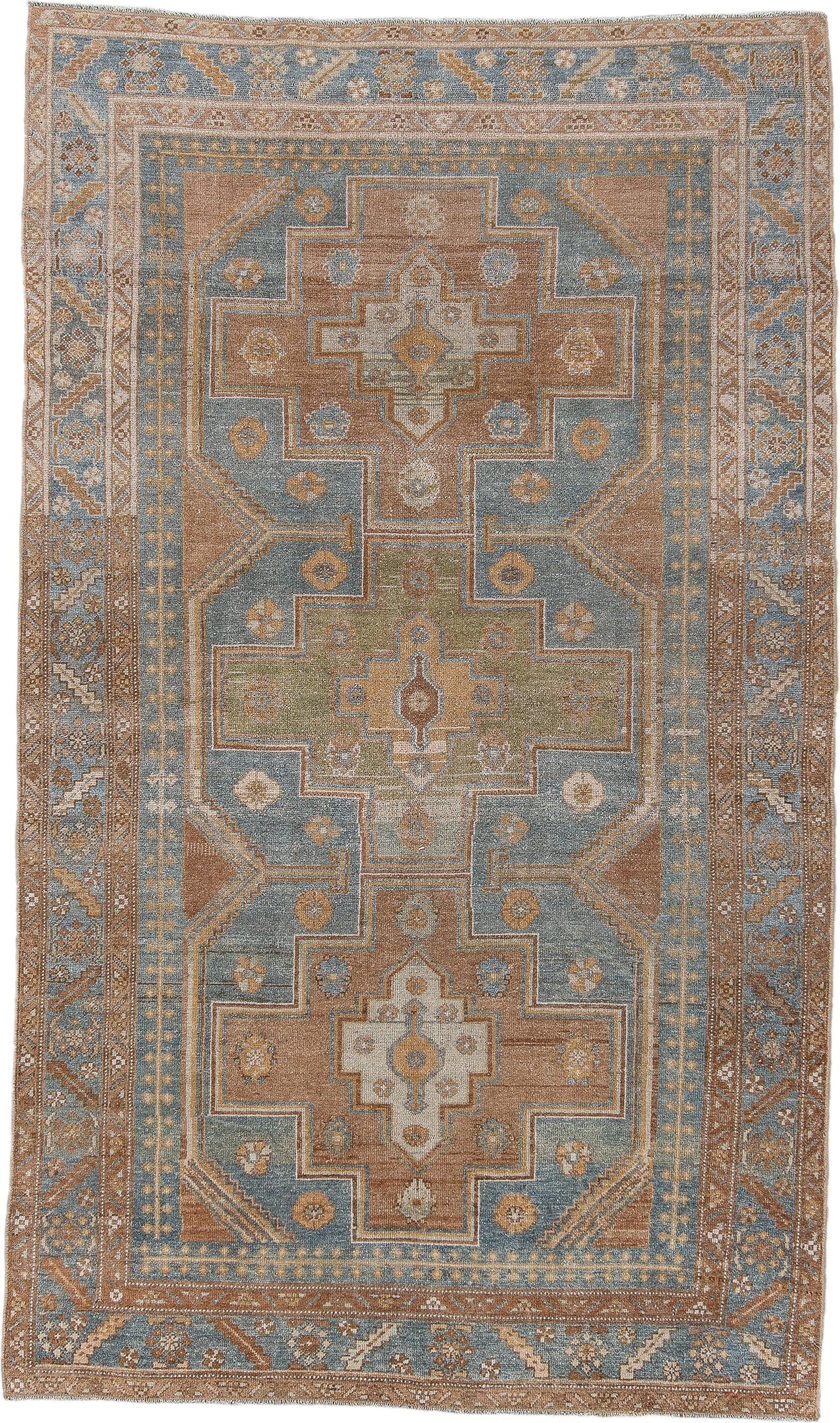 4' x 7' one-of-a-kind handmade antique Malayer rug. Color palette: blue, camel, ivory, taupe, tan, sage, brown, beige, gray