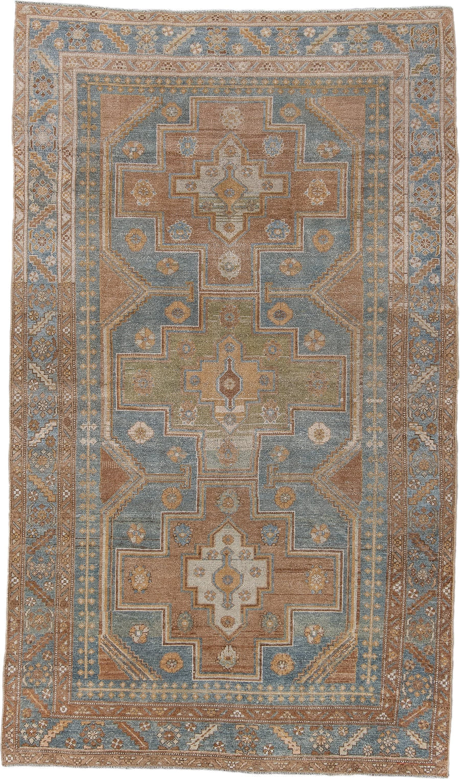 4' x 7' one-of-a-kind handmade antique Malayer rug. Color palette: blue, camel, ivory, taupe, tan, sage, brown, beige, gray