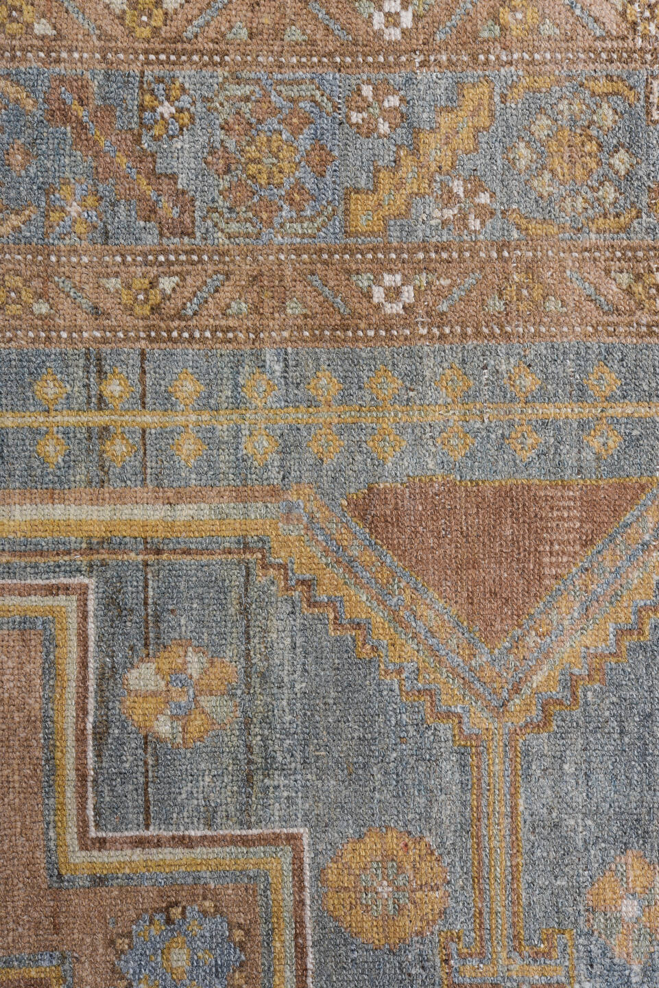 4' x 7' one-of-a-kind handmade antique Malayer rug. Color palette: blue, camel, ivory, taupe, tan, sage, brown, beige, gray