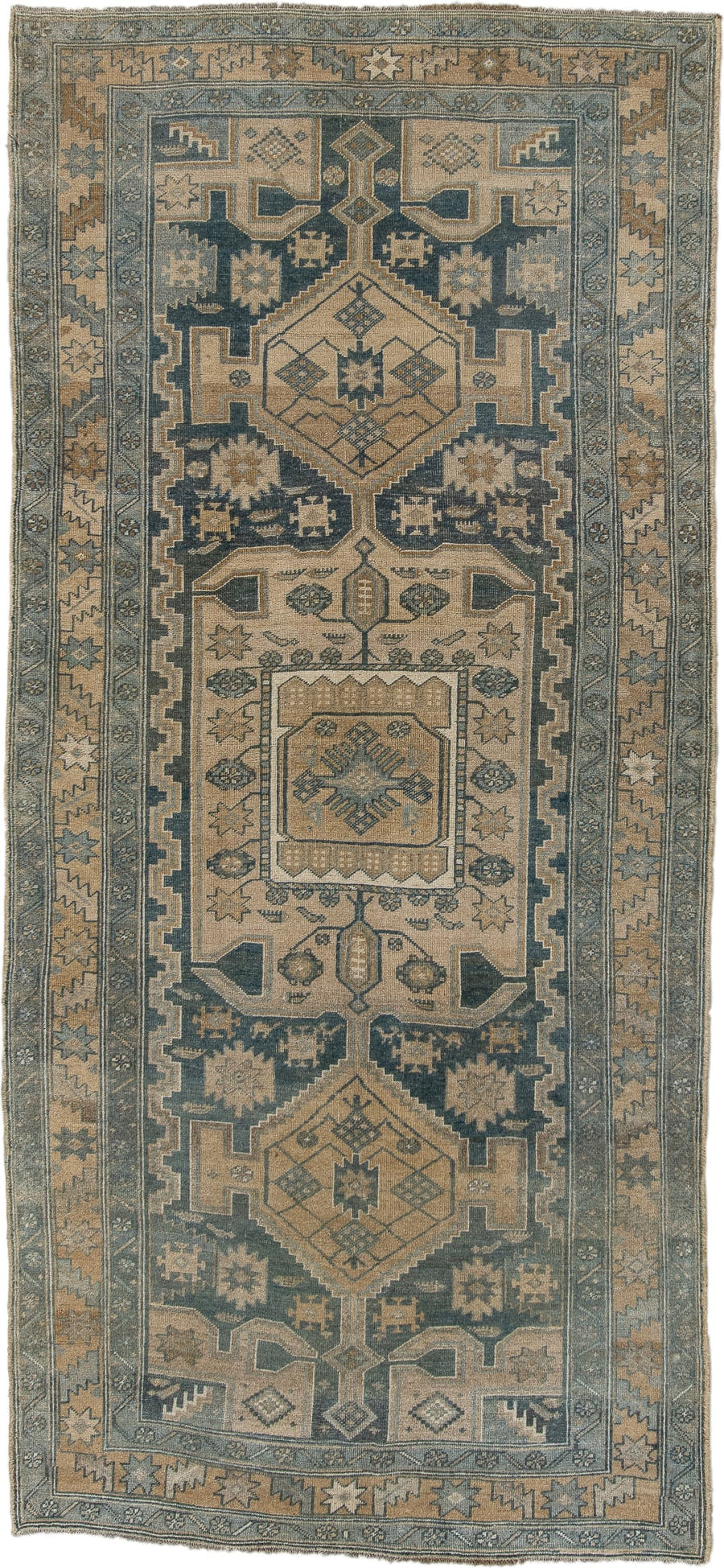 4' x 9' one-of-a-kind handmade antique NW Persian runner rug. Color palette: beige, slate, ivory, taupe, camel, charcoal