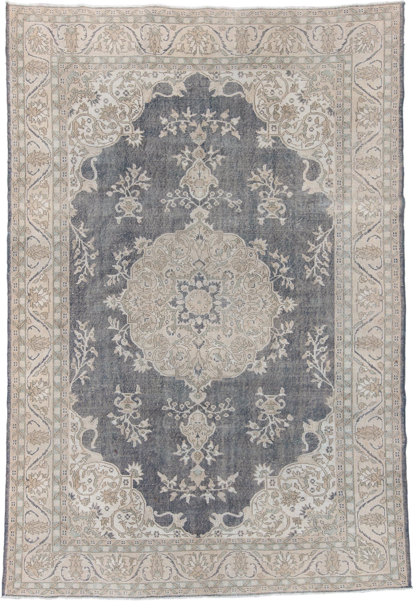 7' x 11' one-of-a-kind handmade antique Sparta large size rug. Color palette: ivory, slate, taupe, sage, beige, pale blue