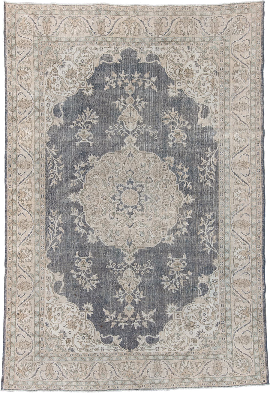 7' x 11' one-of-a-kind handmade antique Sparta large size rug. Color palette: ivory, slate, taupe, sage, beige, pale blue