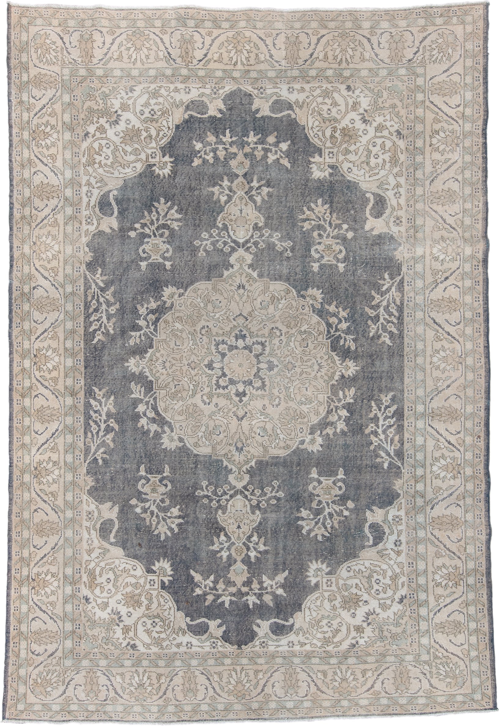 7' x 11' one-of-a-kind handmade antique Sparta large size rug. Color palette: ivory, slate, taupe, sage, beige, pale blue