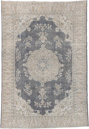 7' x 11' one-of-a-kind handmade antique Sparta large size rug. Color palette: ivory, slate, taupe, sage, beige, pale blue