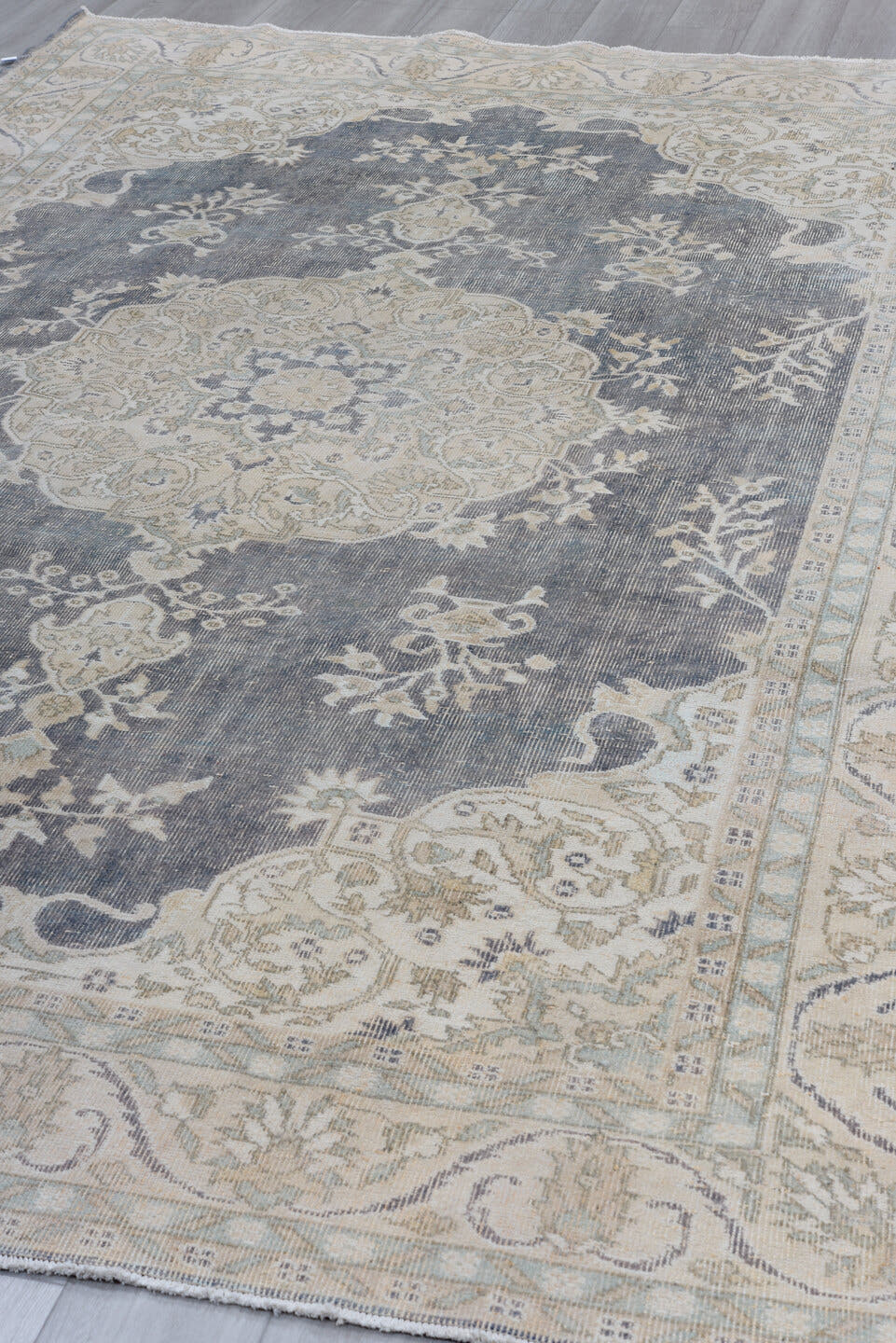 7' x 11' one-of-a-kind handmade antique Sparta large size rug. Color palette: ivory, slate, taupe, sage, beige, pale blue
