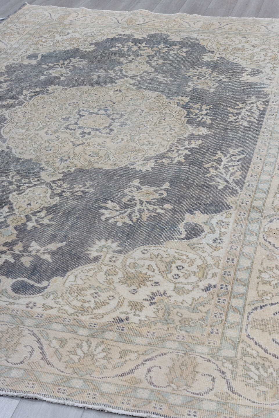 7' x 11' one-of-a-kind handmade antique Sparta large size rug. Color palette: ivory, slate, taupe, sage, beige, pale blue