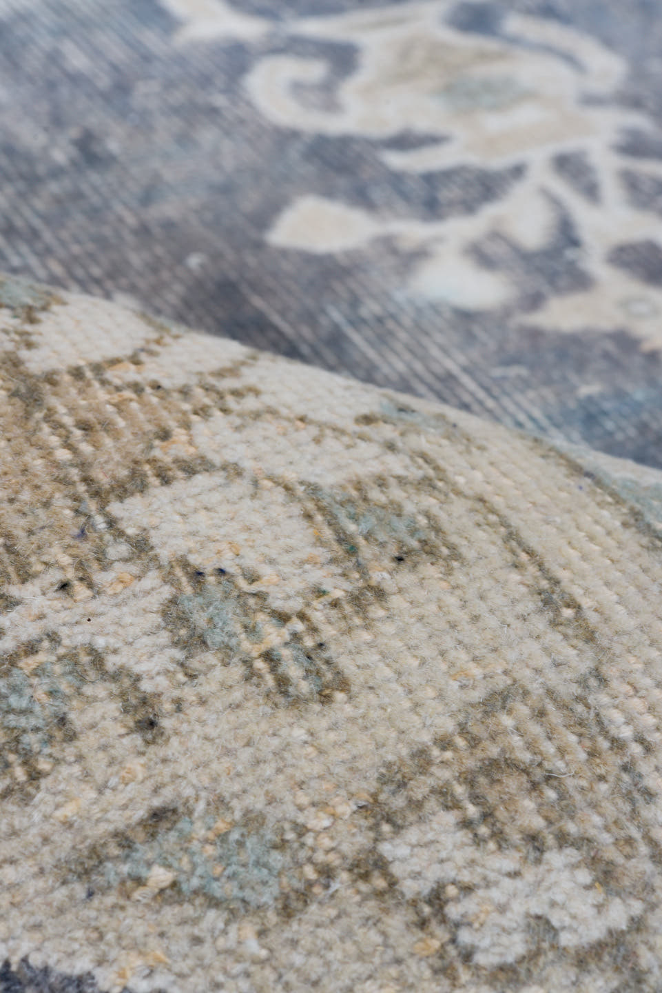 7' x 11' one-of-a-kind handmade antique Sparta large size rug. Color palette: ivory, slate, taupe, sage, beige, pale blue