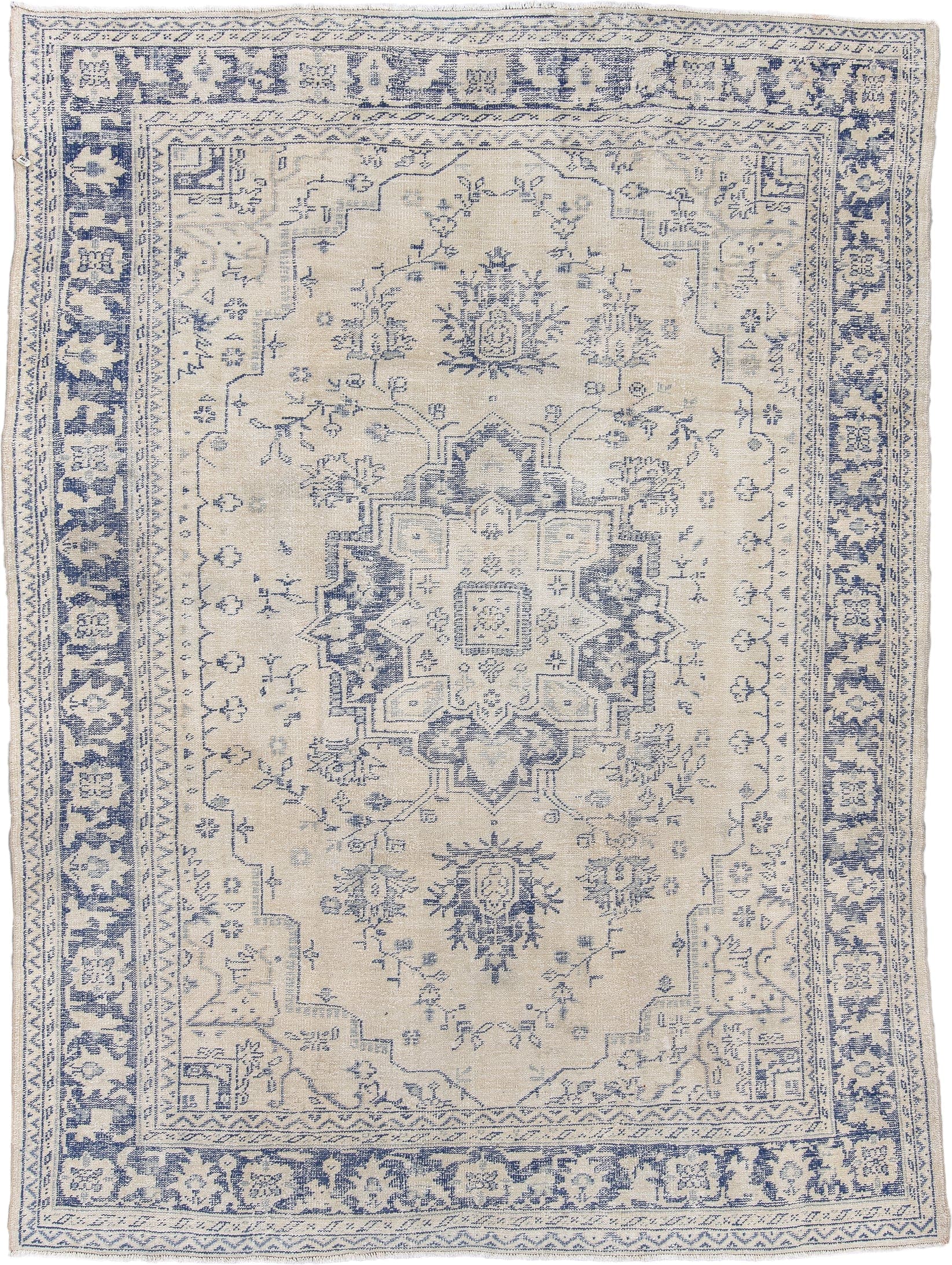 7' x 10' one-of-a-kind handmade antique Sparta large size rug. Color palette: ivory, powder blue, slate, cream, light blue