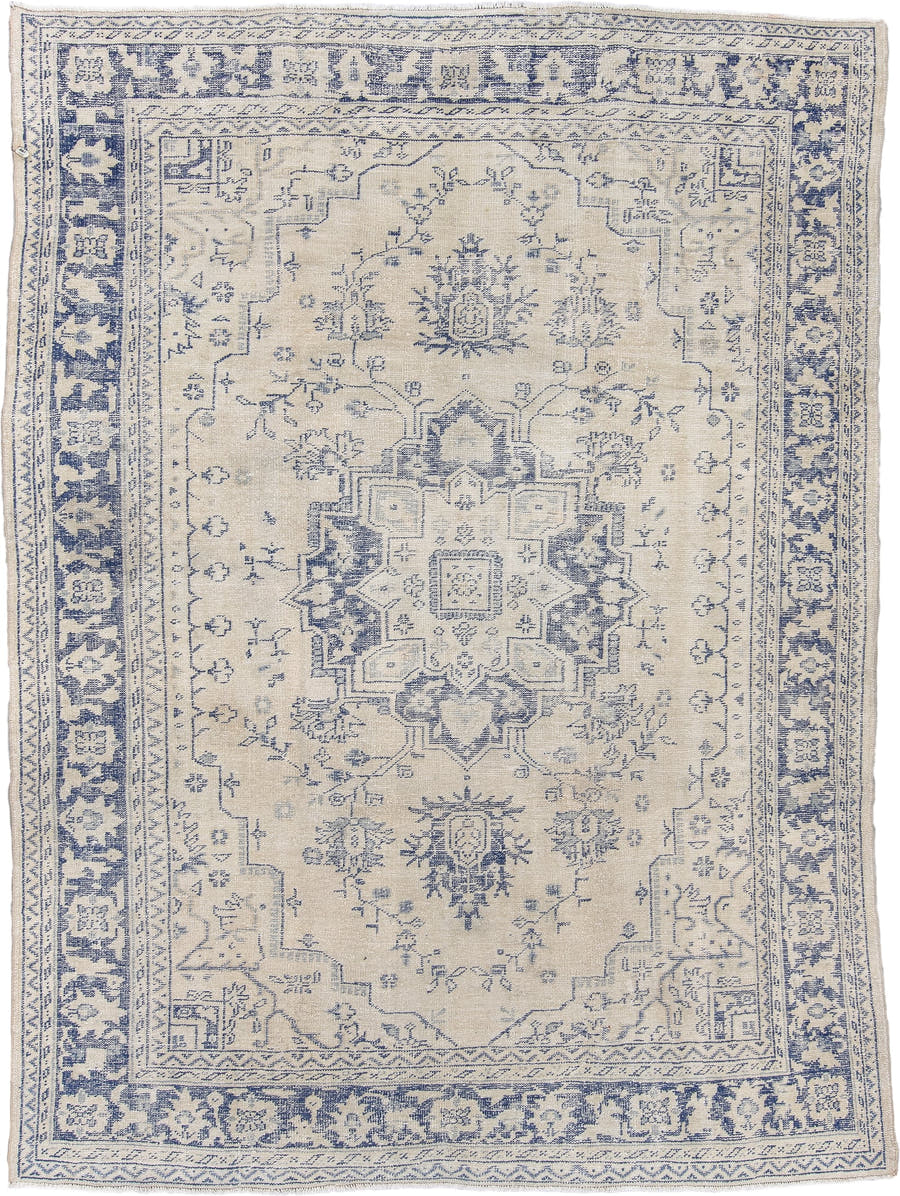 7' x 10' one-of-a-kind handmade antique Sparta large size rug. Color palette: ivory, powder blue, slate, cream, light blue