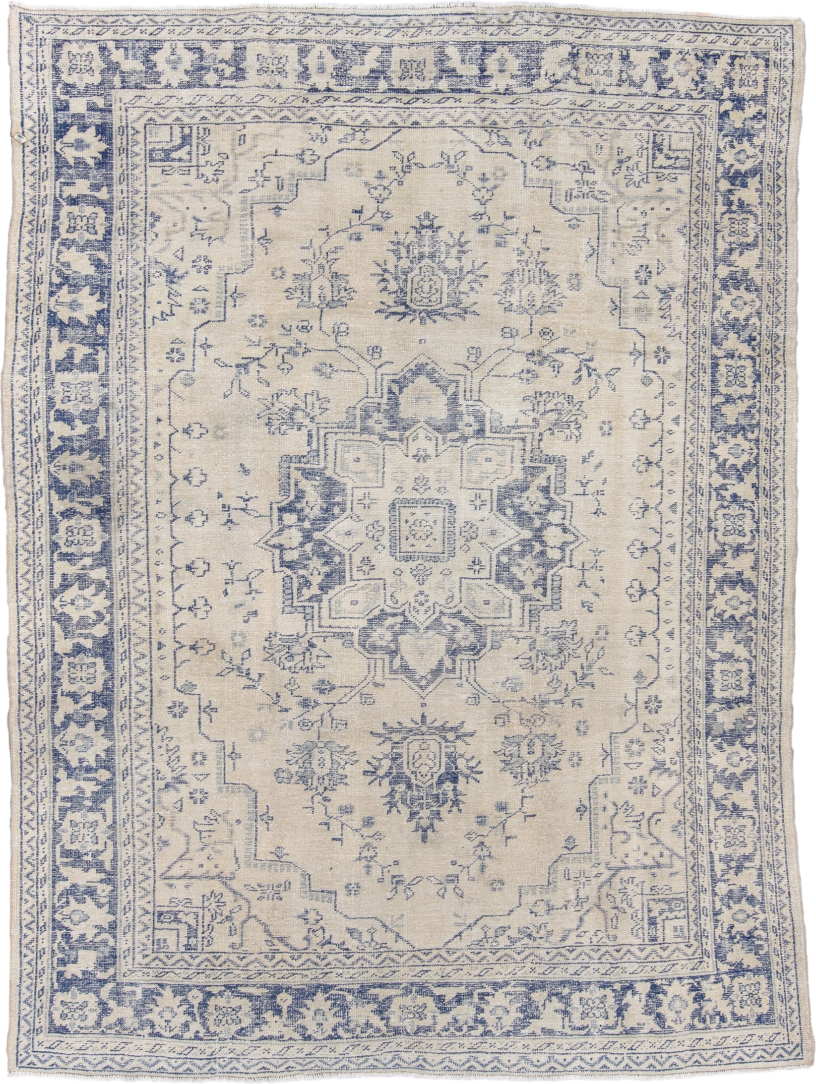 7' x 10' one-of-a-kind handmade antique Sparta large size rug. Color palette: ivory, powder blue, slate, cream, light blue