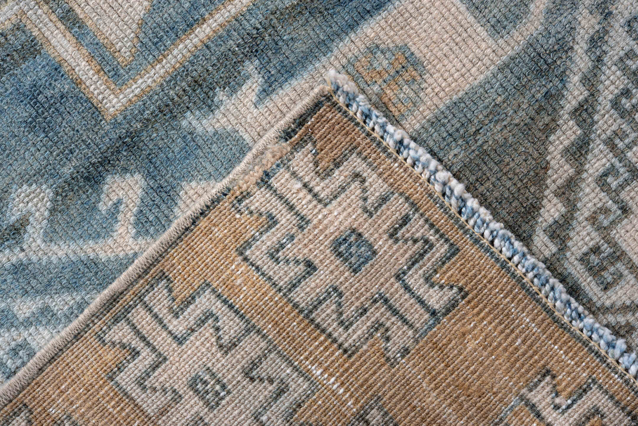 3' x 11' one-of-a-kind handmade vintage Oushak runner rug. Color palette: arapawa, black, blue, gray, light blue, light gray