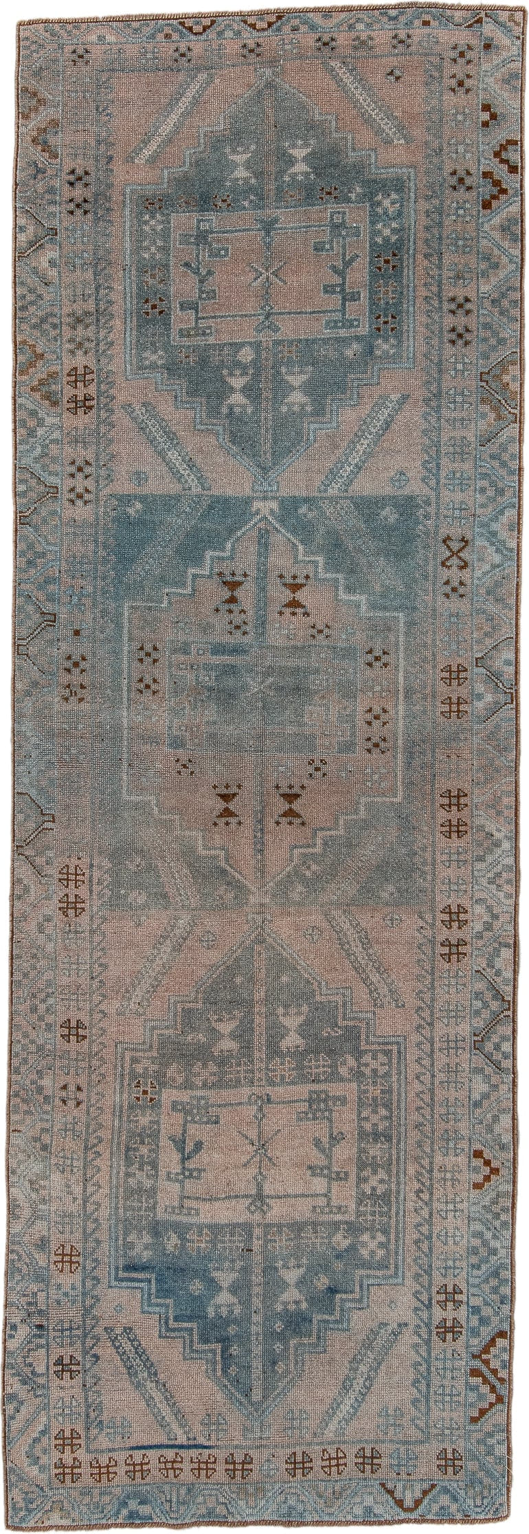 3' x 10' one-of-a-kind handmade antique Oushak runner rug. Color palette: sky blue, blush, ivory, rust, taupe, slate