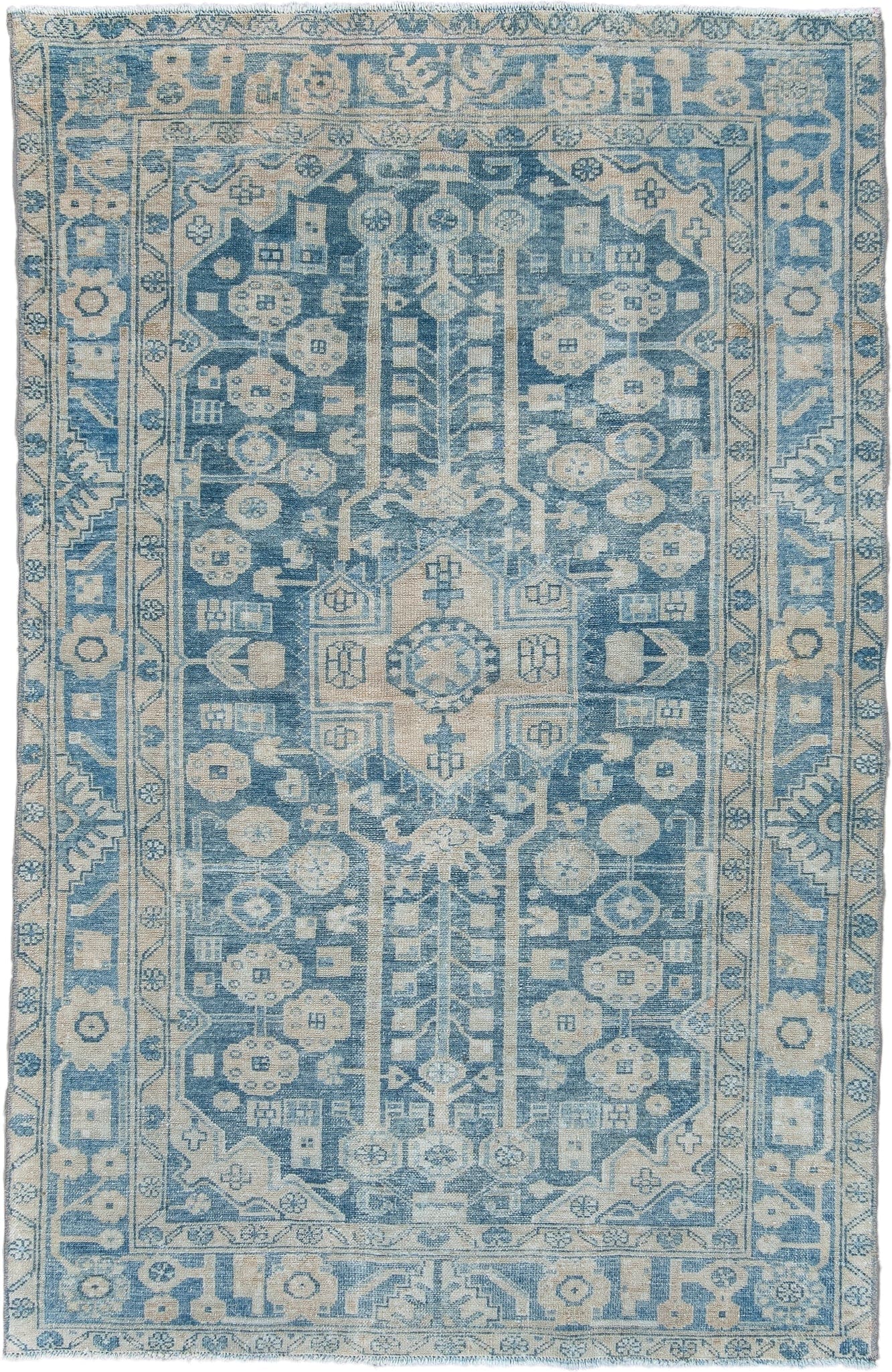 3' x 6' one-of-a-kind handmade vintage Malayer small size rug. Color palette: sky blue, ivory, cream, slate, pale blue