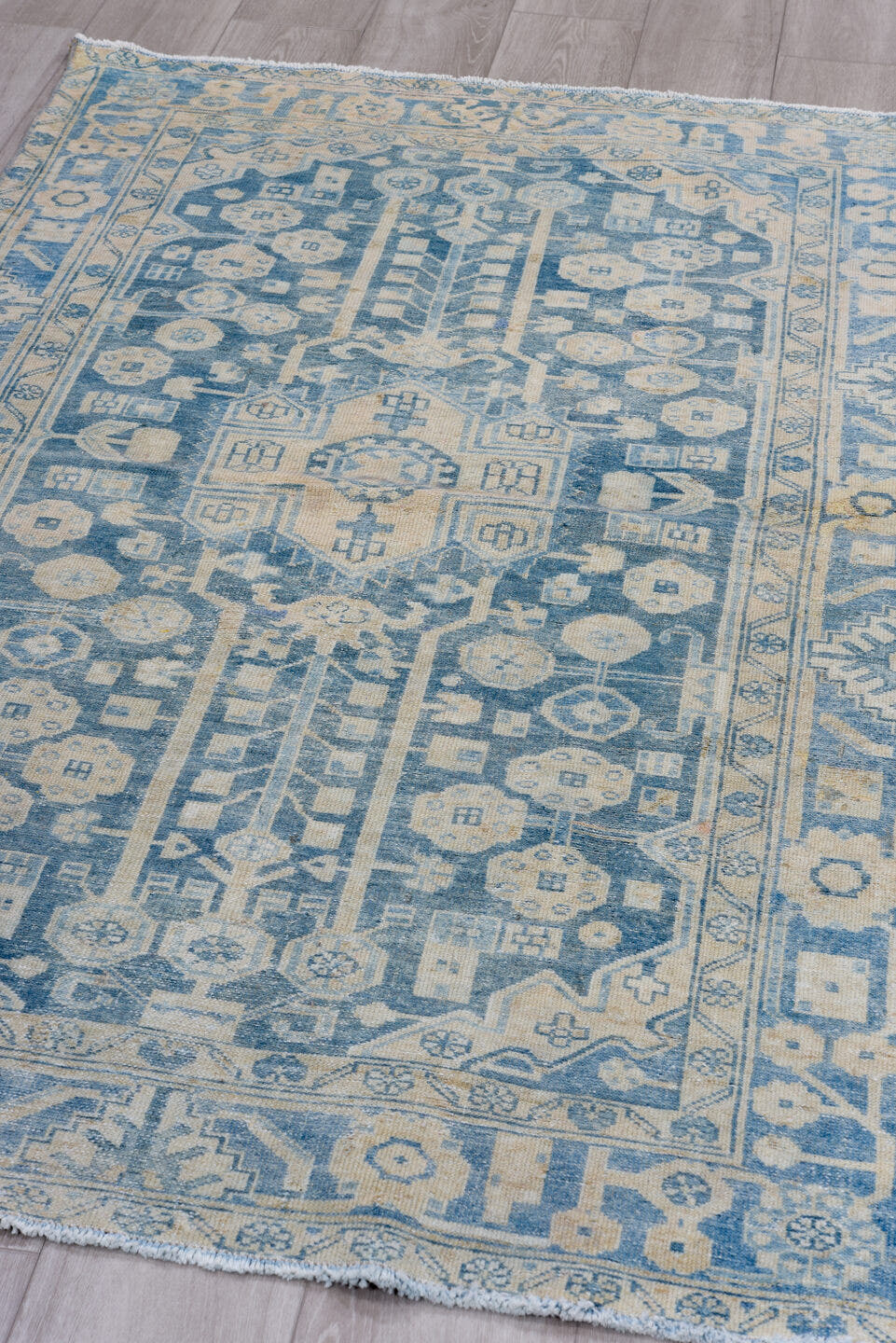3' x 6' one-of-a-kind handmade vintage Malayer small size rug. Color palette: sky blue, ivory, cream, slate, pale blue