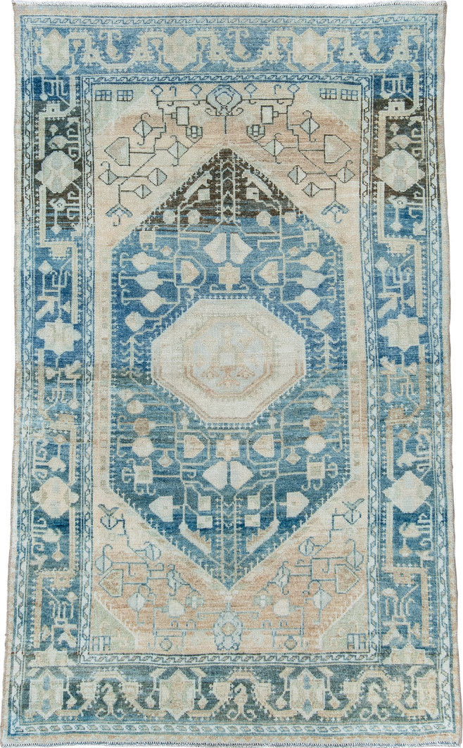 3' x 6' one-of-a-kind handmade antique Malayer small size rug. Color palette: ivory, sky blue, charcoal, beige, taupe