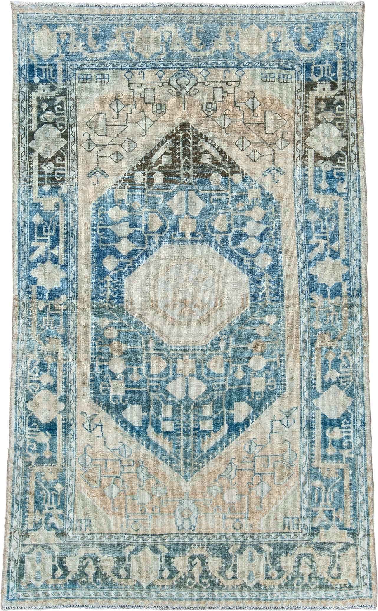 3' x 6' one-of-a-kind handmade antique Malayer small size rug. Color palette: ivory, sky blue, charcoal, beige, taupe