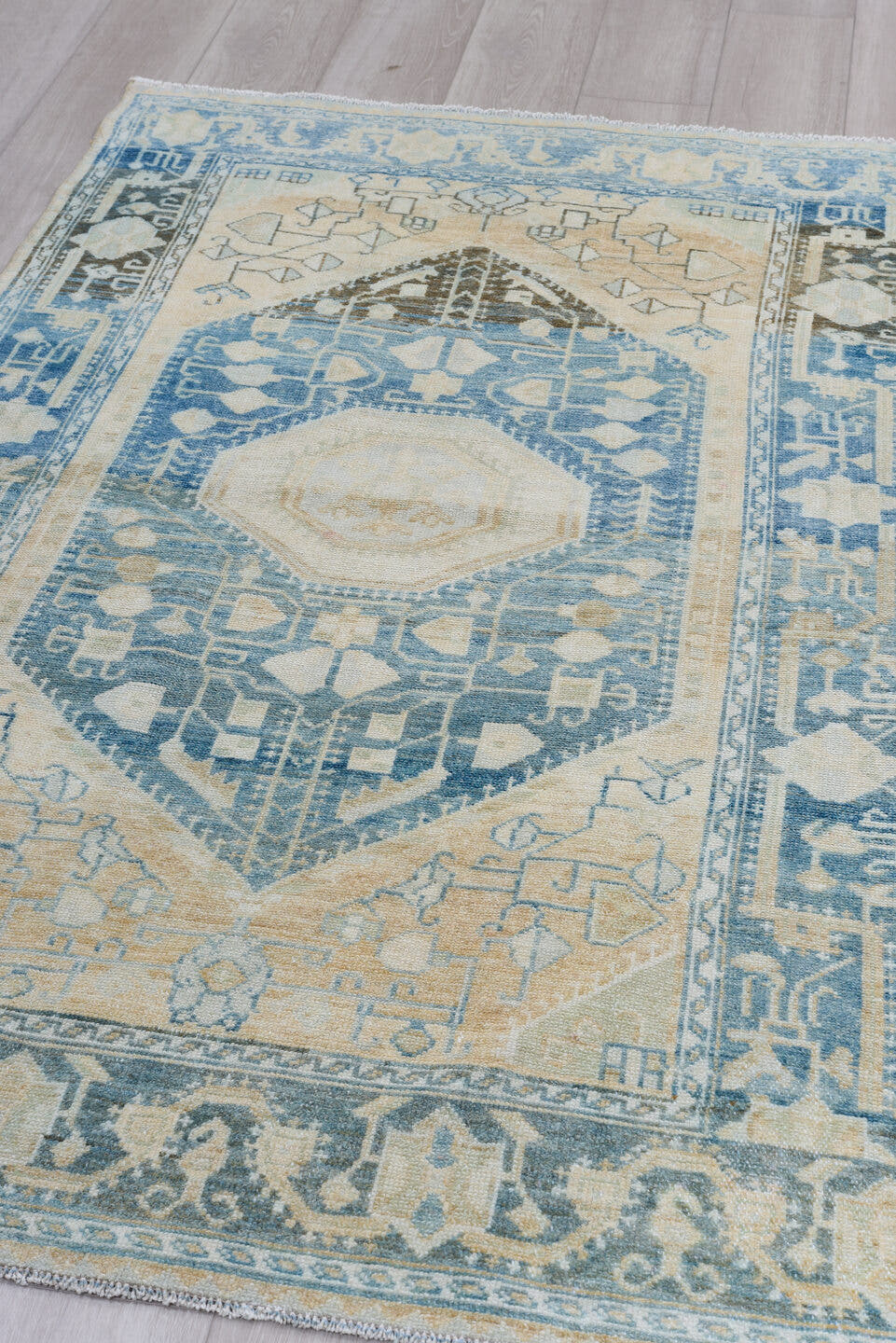 3' x 6' one-of-a-kind handmade antique Malayer small size rug. Color palette: ivory, sky blue, charcoal, beige, taupe