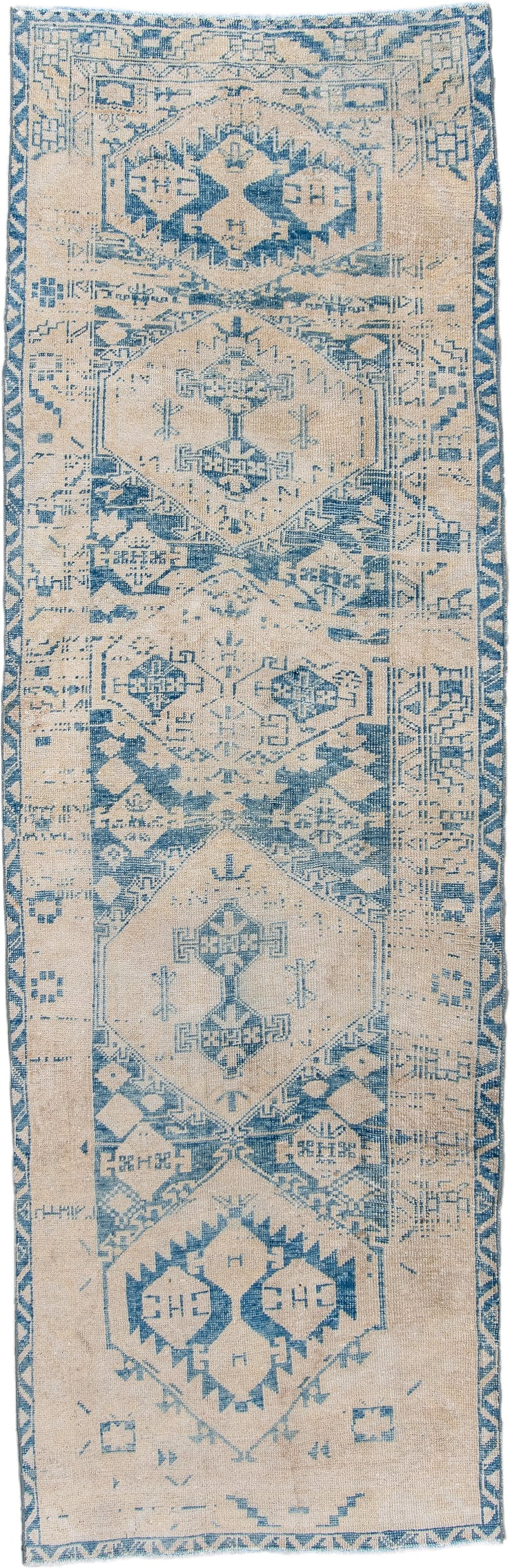 3' x 9' one-of-a-kind handmade antique Heriz runner rug. Color palette: ivory, sky blue, beige, camel, light blue