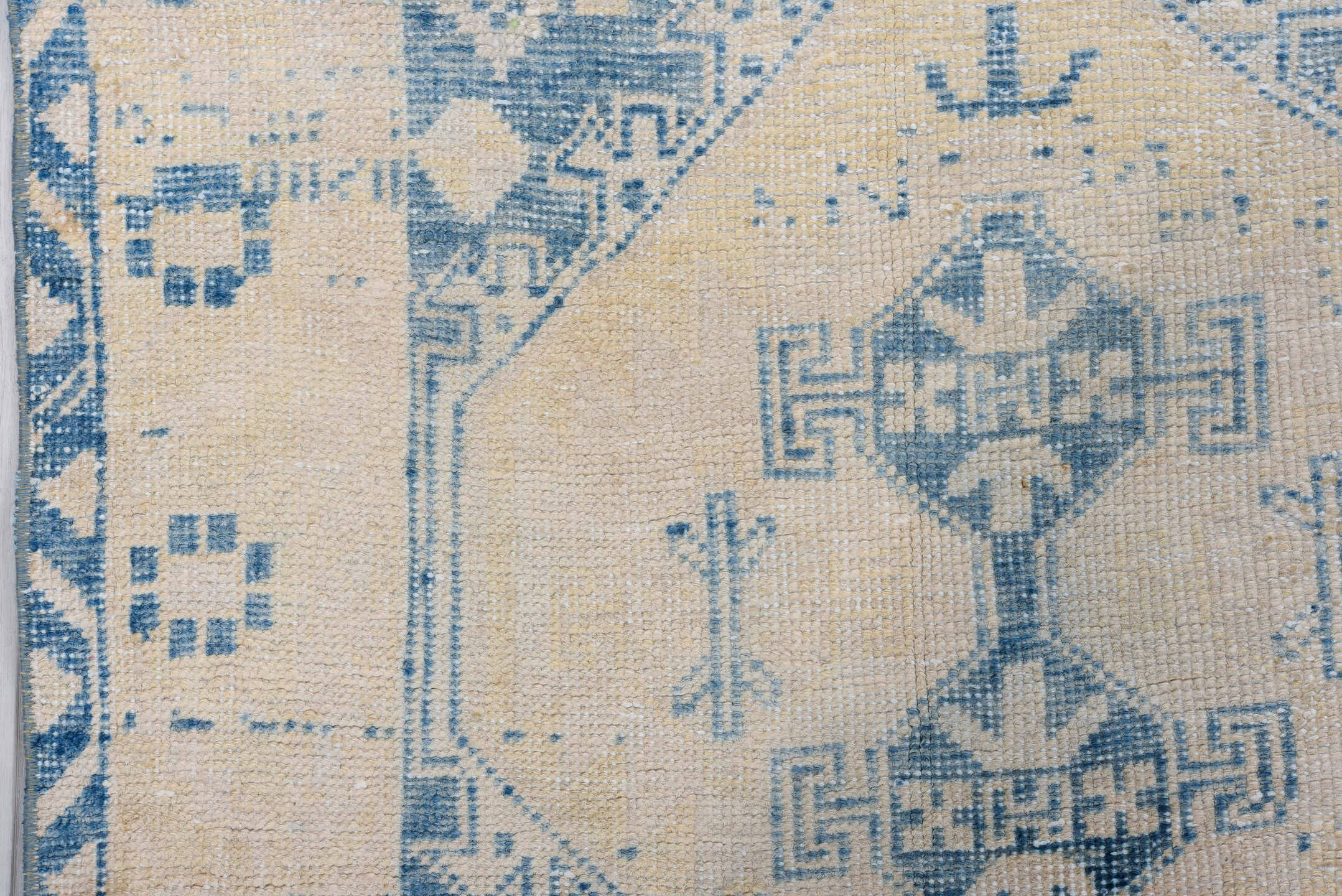 3' x 9' one-of-a-kind handmade antique Heriz runner rug. Color palette: ivory, sky blue, beige, camel, light blue