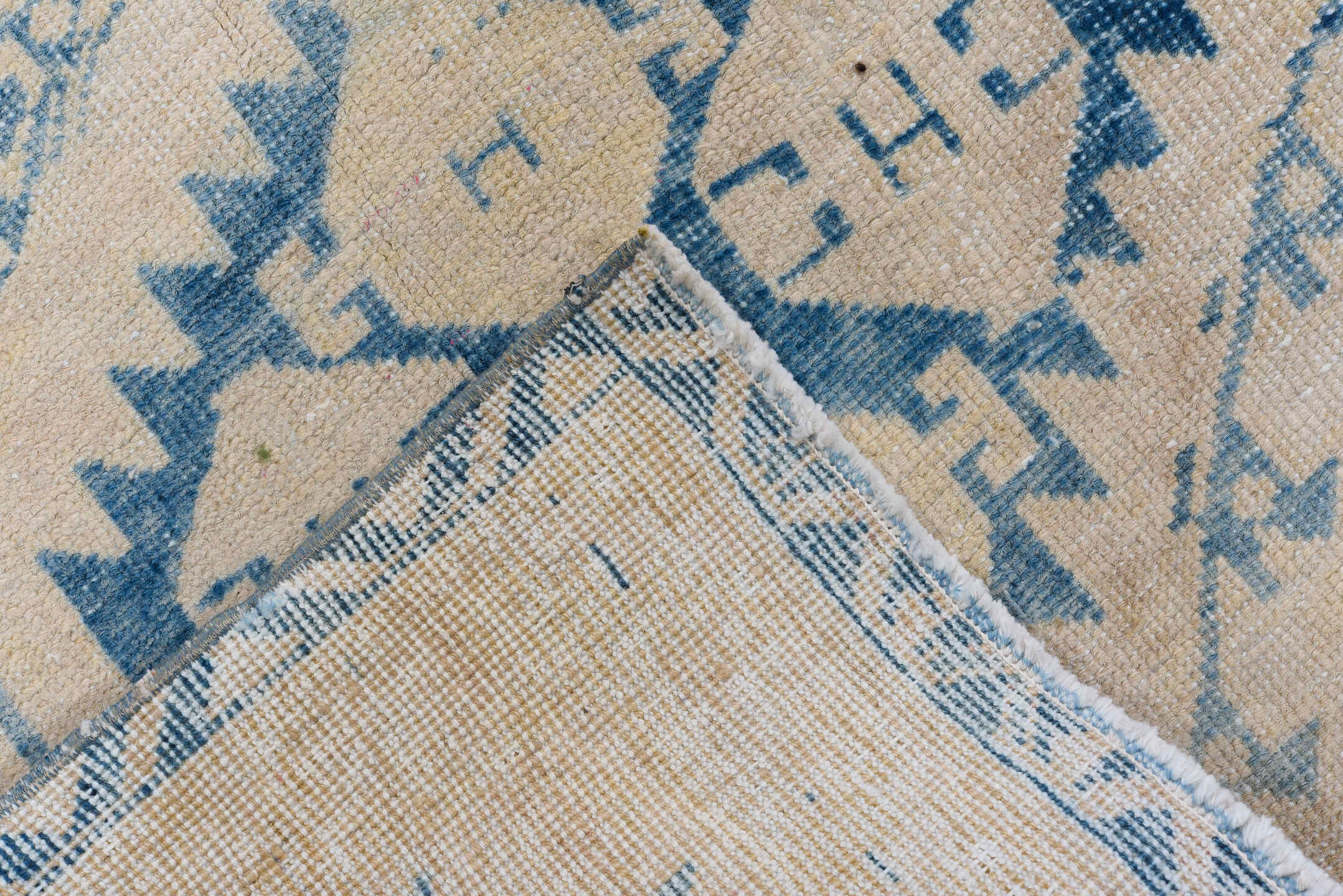 3' x 9' one-of-a-kind handmade antique Heriz runner rug. Color palette: ivory, sky blue, beige, camel, light blue