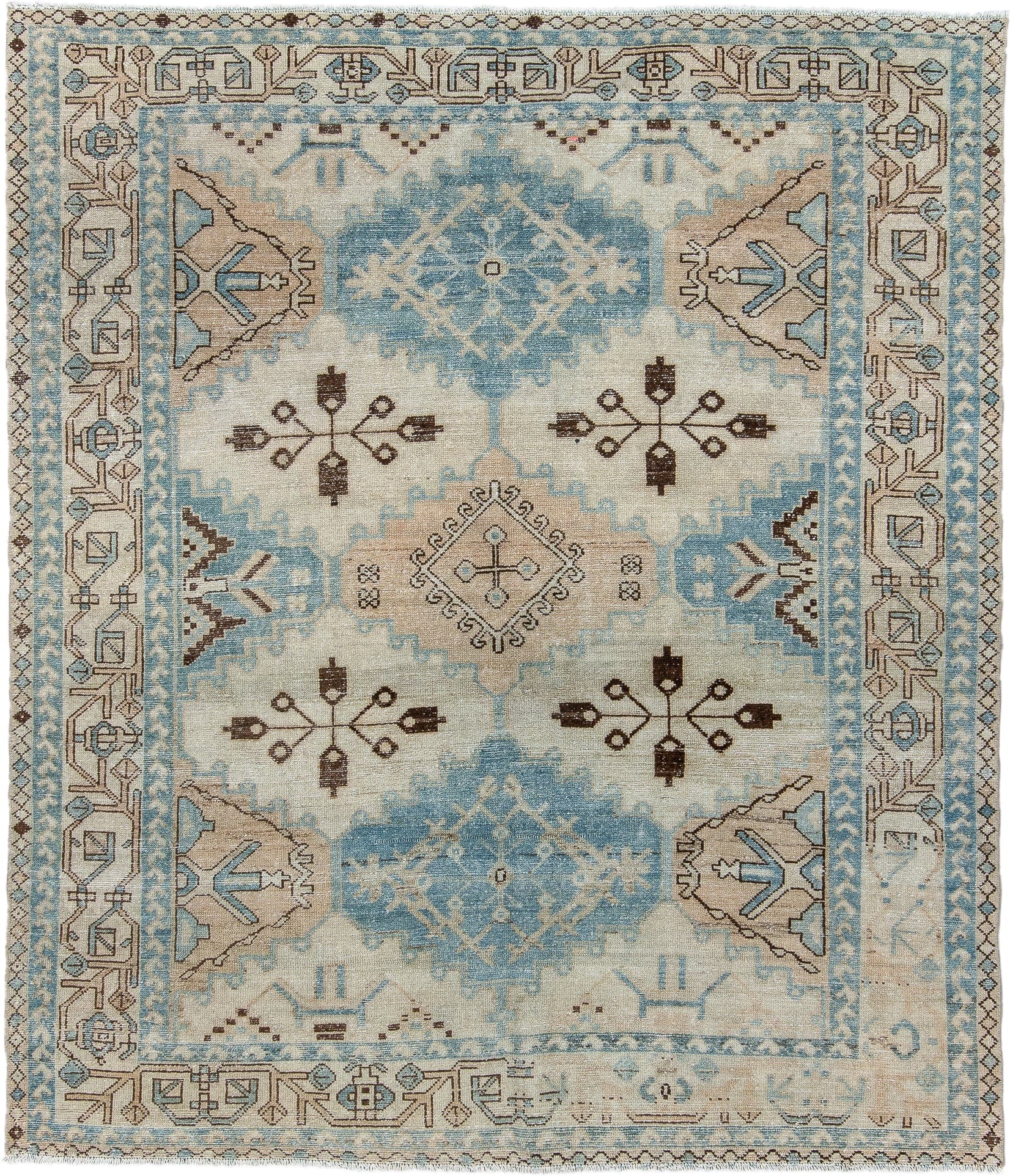 5' x 6' one-of-a-kind handmade antique Baktiary rug. Color palette: ivory, sky blue, camel, brown, taupe, light blue, beige