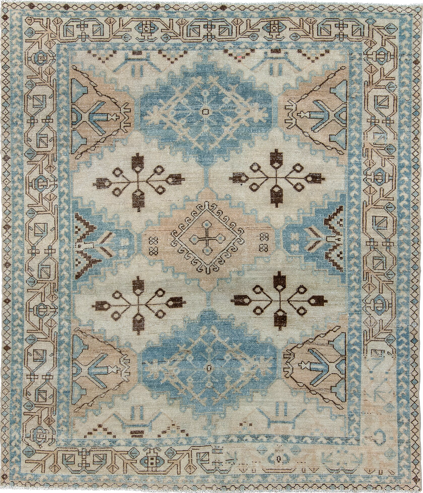 5' x 6' one-of-a-kind handmade vintage Baktiary rug. Color palette: blue, brown, dim gray, gainsboro, gray, light gray