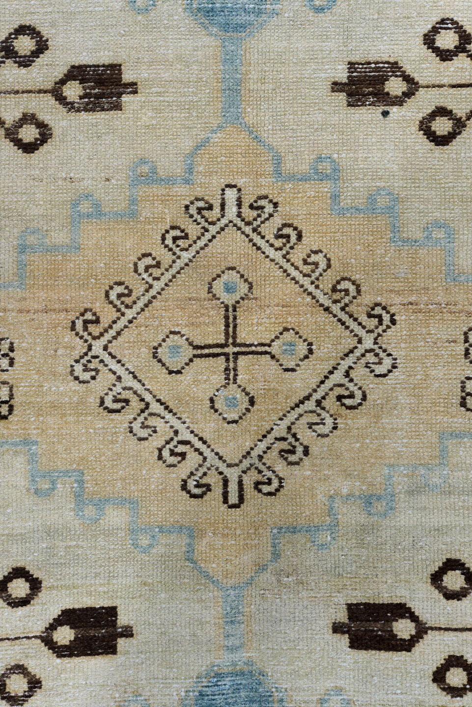 5' x 6' one-of-a-kind handmade antique Baktiary rug. Color palette: ivory, sky blue, camel, brown, taupe, light blue, beige