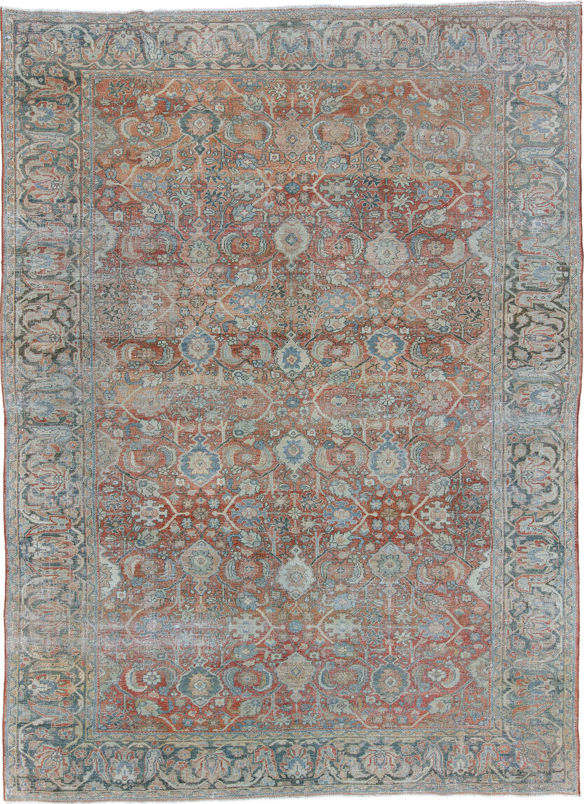9' x 12' one-of-a-kind handmade antique Mahal large size rug. Color palette: terra cotta, pale blue, ivory, taupe, slate