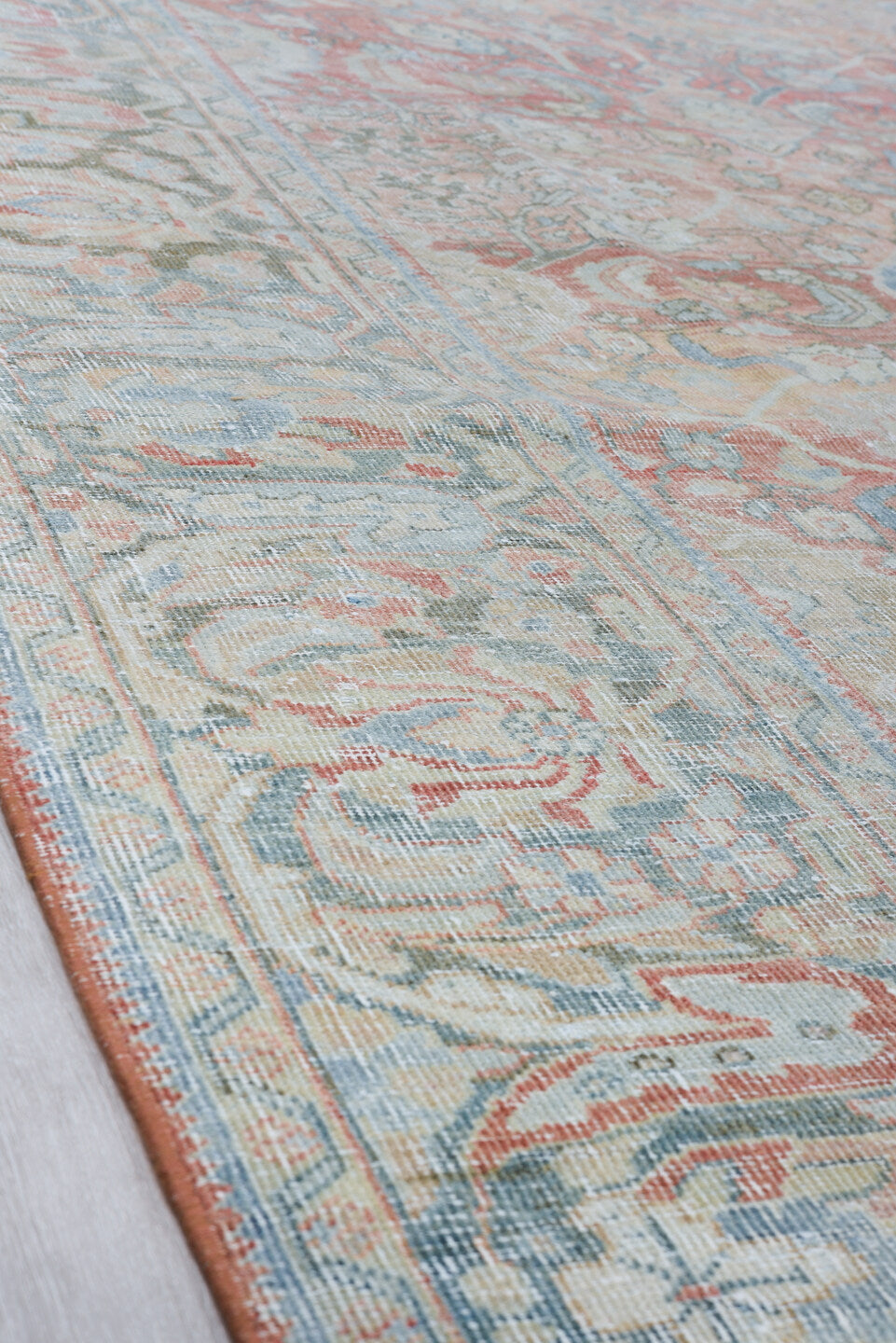 9' x 12' one-of-a-kind handmade antique Mahal large size rug. Color palette: terra cotta, pale blue, ivory, taupe, slate