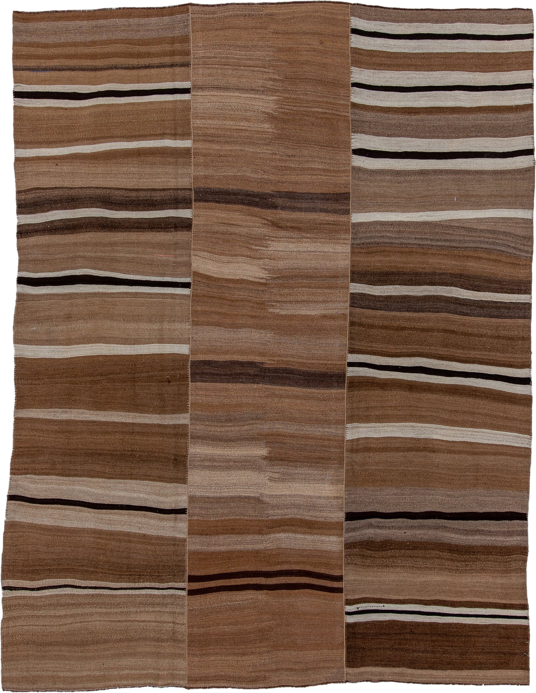 8' x 11' one-of-a-kind handmade vintage Kilim large size rug. Color palette: camel, taupe, brown, ivory, dark_brown, beige