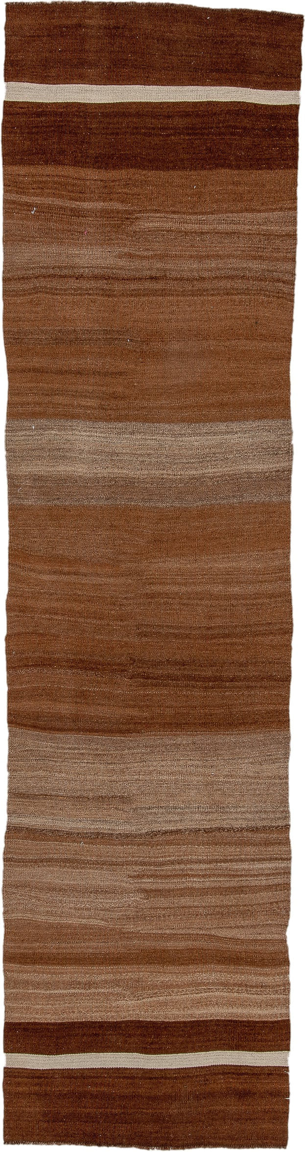 2' x 10' one-of-a-kind handmade vintage Kilim runner rug. Color palette: brown, camel, taupe, ivory, beige, gray