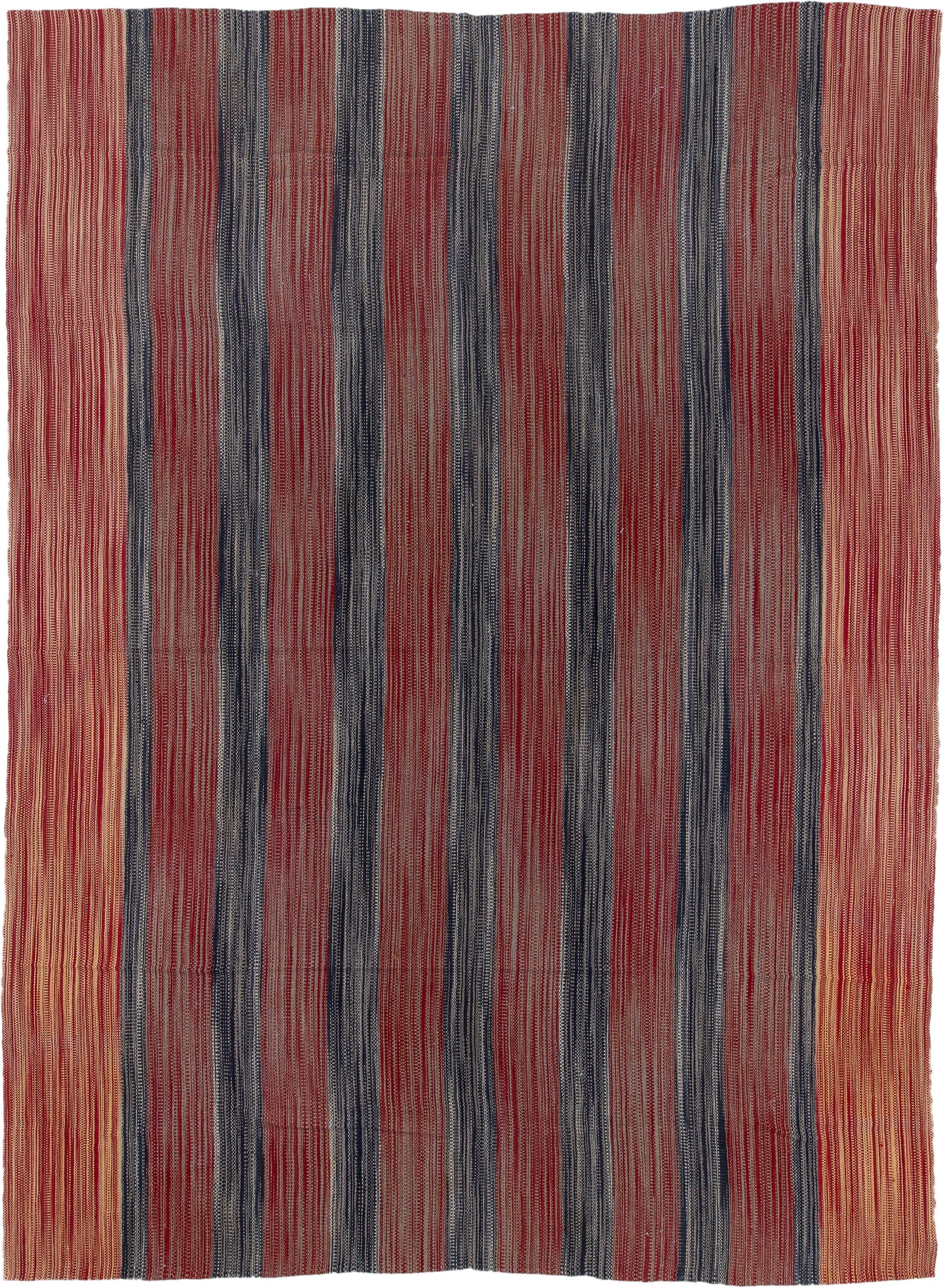 13' x 17' one-of-a-kind handmade vintage Kilim oversize rug. Color palette: red, charcoal, ivory, camel, rose, gray, black
