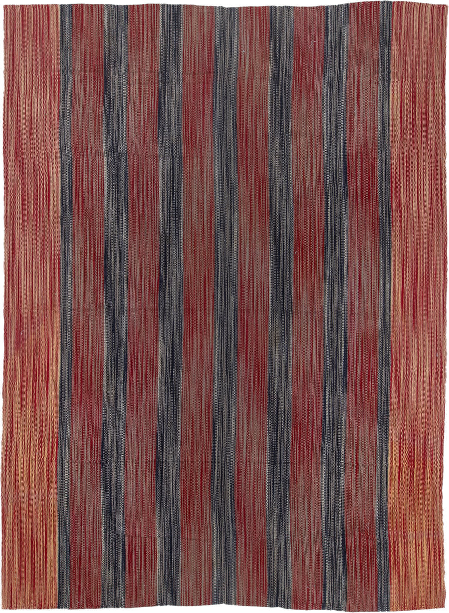 13' x 17' one-of-a-kind handmade vintage Kilim oversize rug. Color palette: red, charcoal, ivory, camel, rose, gray, black