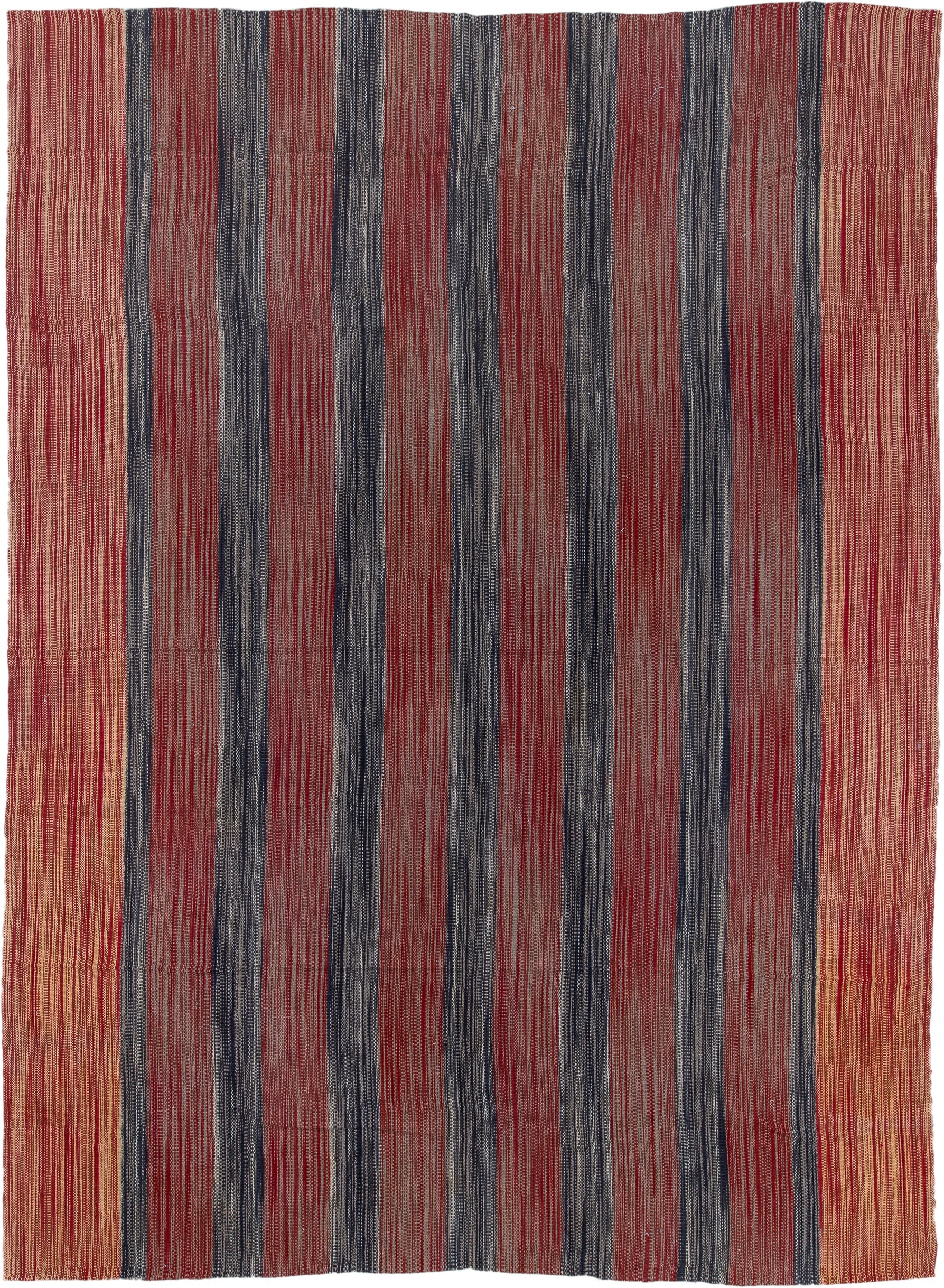 13' x 17' one-of-a-kind handmade vintage Kilim oversize rug. Color palette: red, charcoal, ivory, camel, rose, gray, black