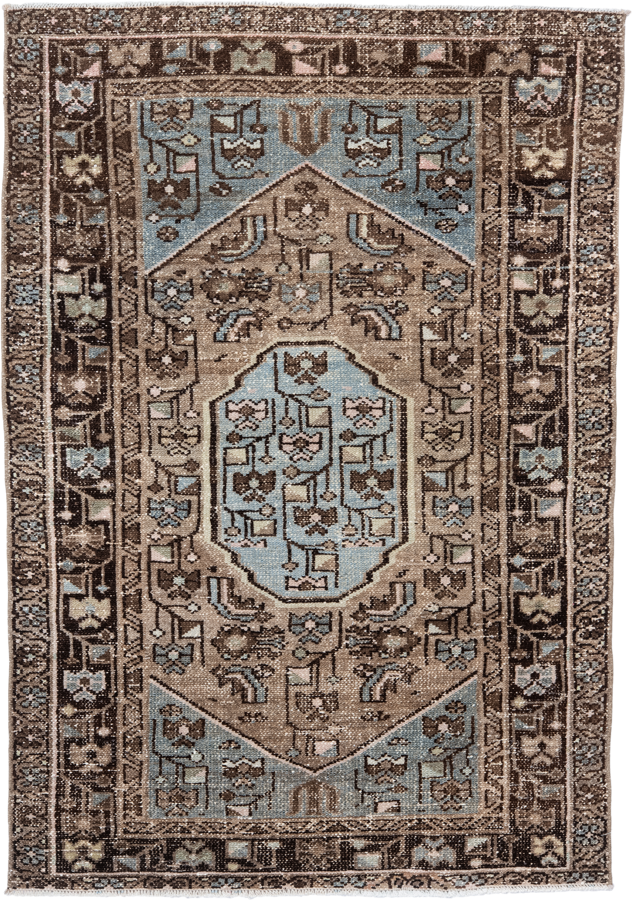 3' x 4' one-of-a-kind handmade antique Hamadan small size rug. Color palette: brown, taupe, light blue, ivory, charcoal