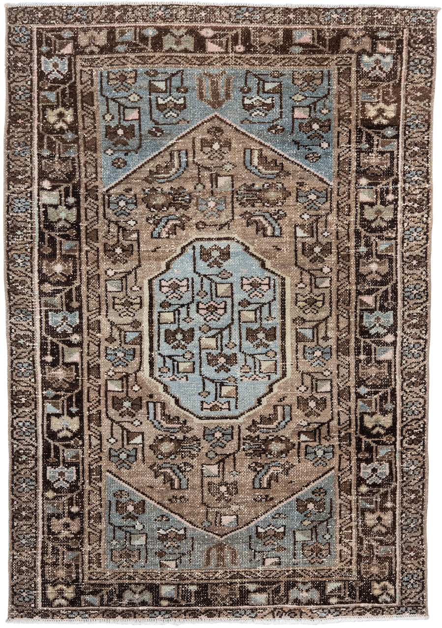 3' x 4' one-of-a-kind handmade antique Hamadan small size rug. Color palette: brown, taupe, light blue, ivory, charcoal