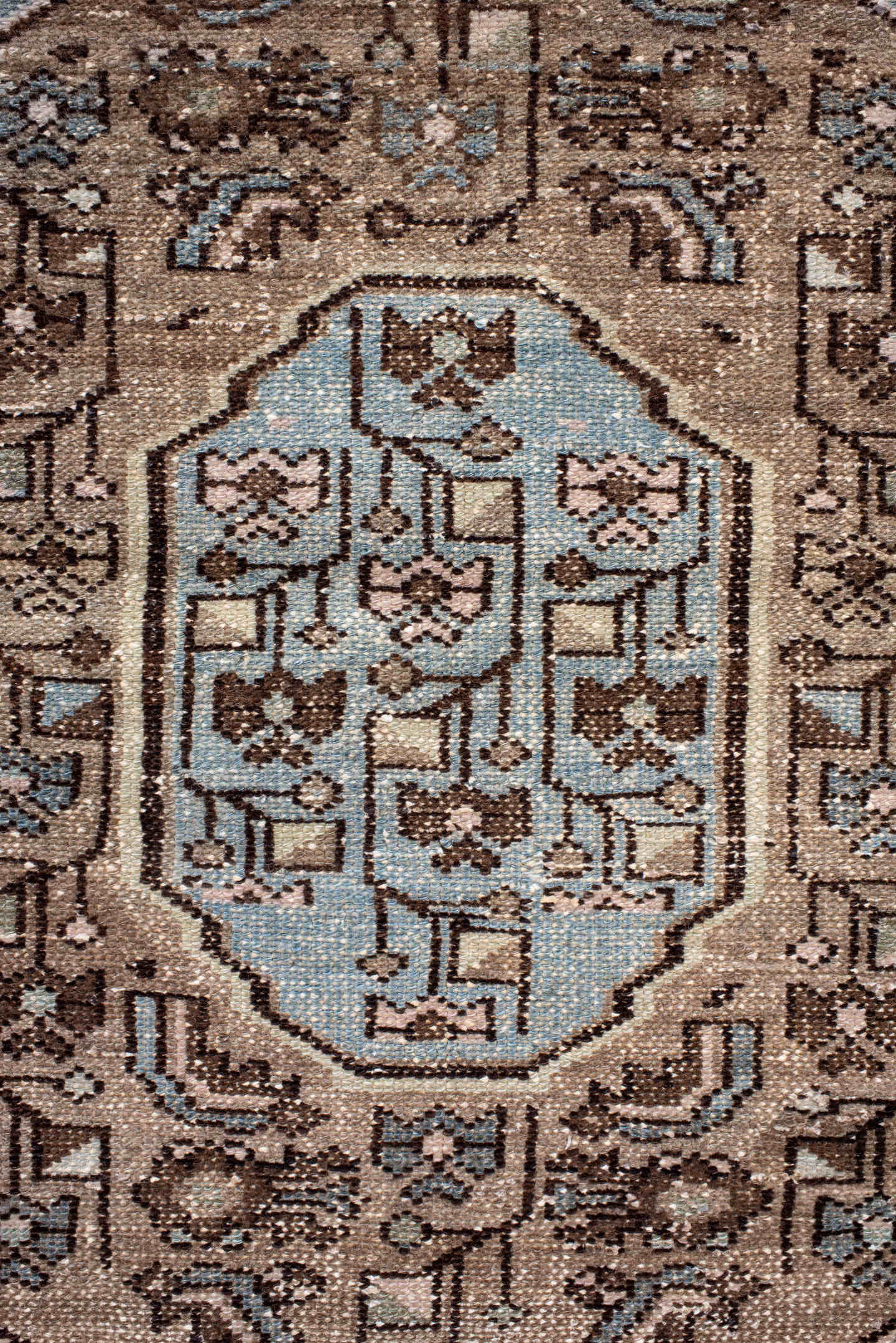 3' x 4' one-of-a-kind handmade antique Hamadan small size rug. Color palette: brown, taupe, light blue, ivory, charcoal