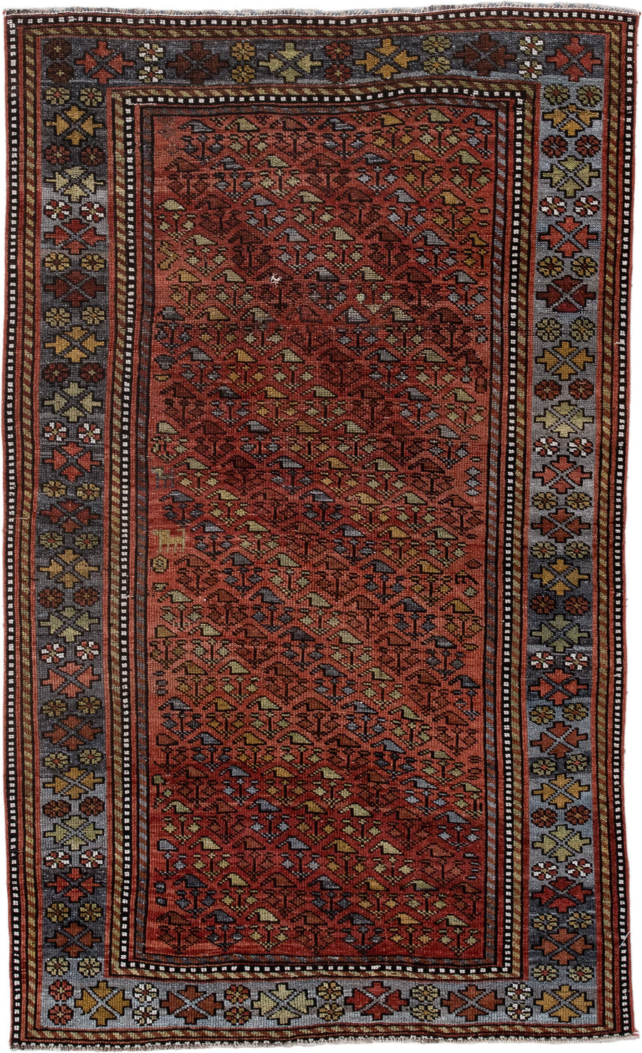 3' x 6' one-of-a-kind handmade antique Kurd small size rug. Color palette: rust, slate, burgundy, ivory, gold, charcoal
