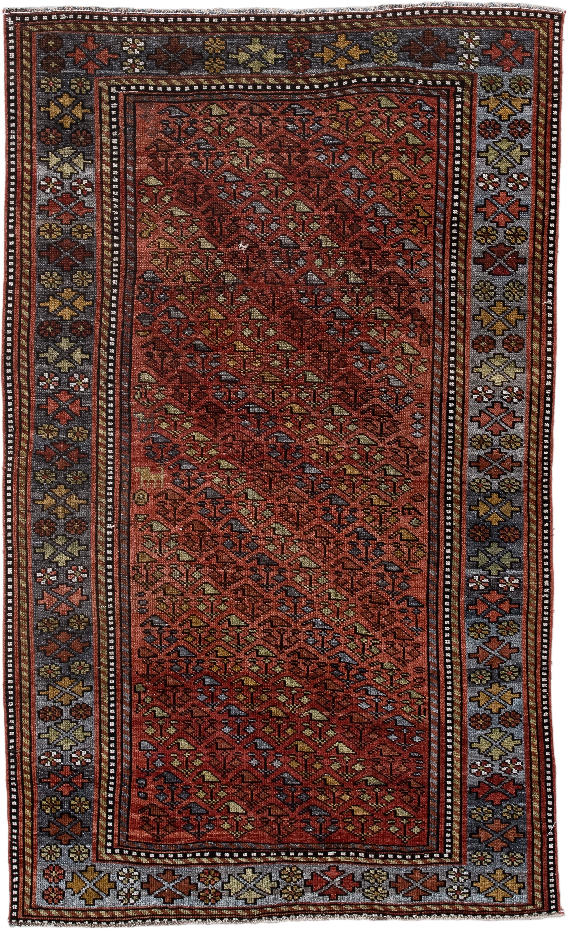 3' x 6' one-of-a-kind handmade antique Kurd small size rug. Color palette: rust, slate, burgundy, ivory, gold, charcoal